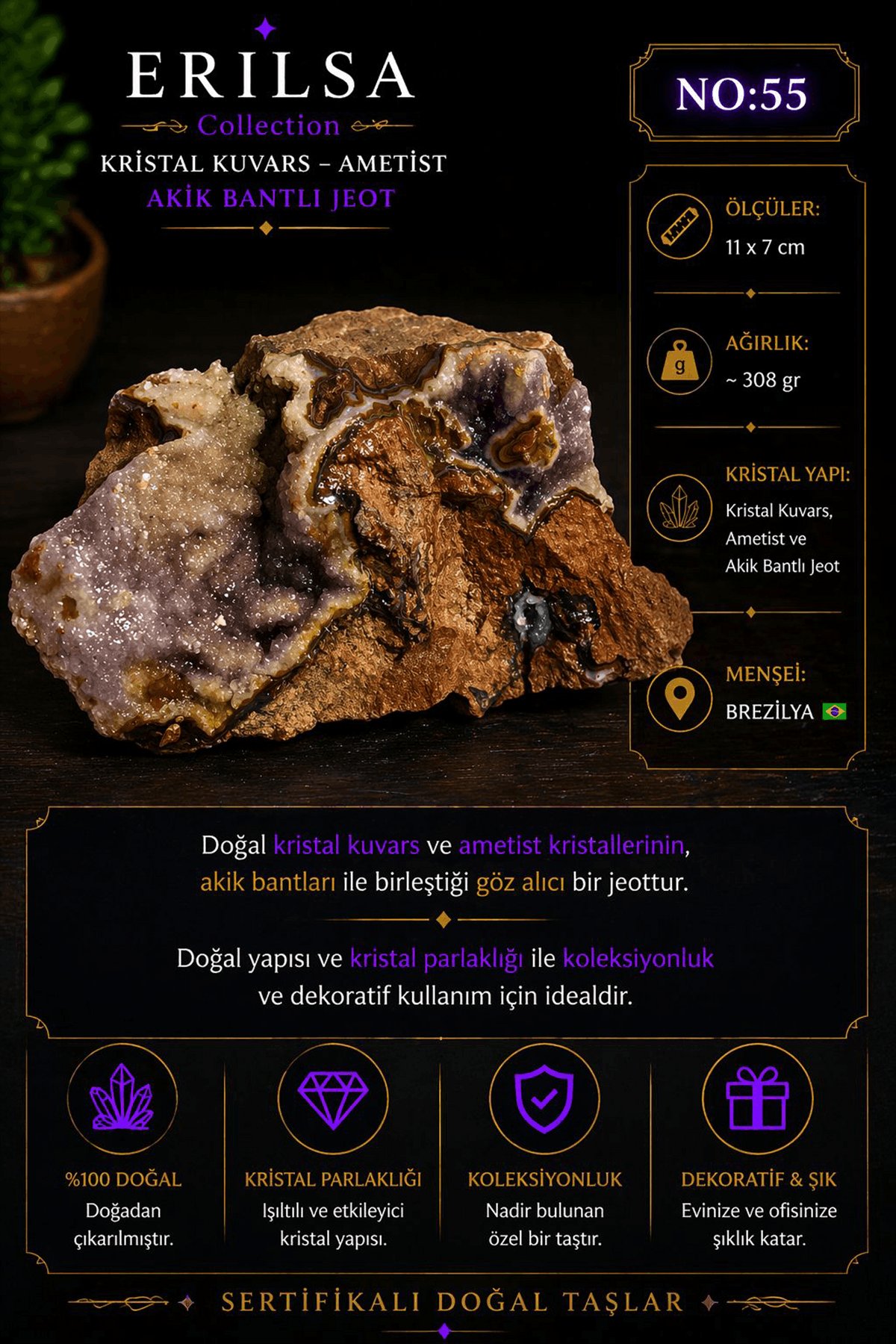 Sertifikalı Kristal Kuvars Ametist Akik Bantlı Jeot Doğal Kaya Formu NO55