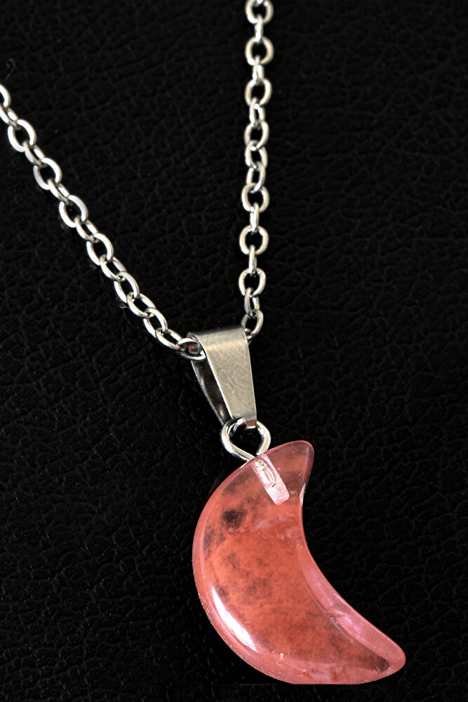 Sertifikalı Ay Model Rose - Gül Kuvars Taşı Kolye