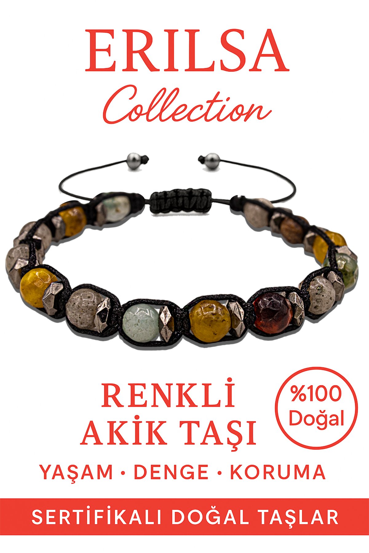 Sertifikalı Fasetli Terahertz &amp; Sarı-Kırmızı-Beyaz Akik Bileklik – Güç, Cesaret ve Saflık