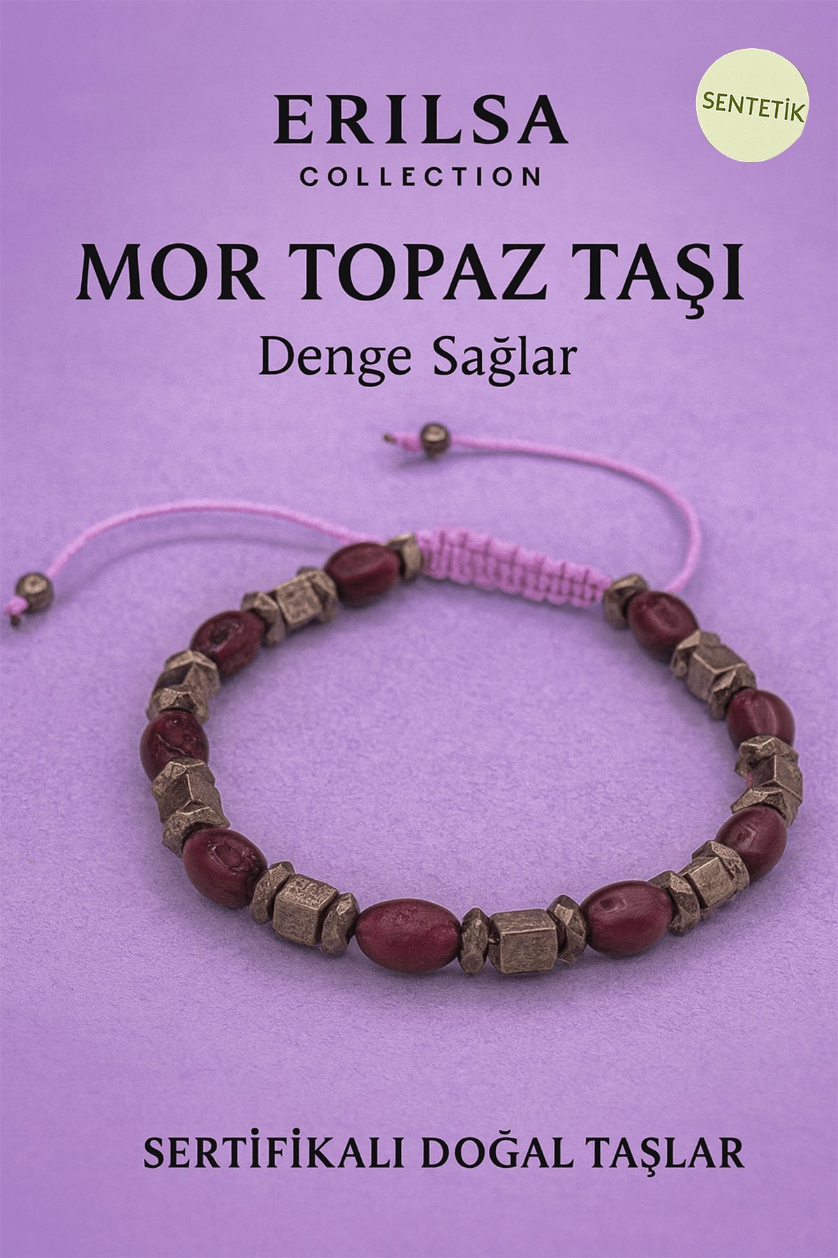 Sertifikalı Ham Mor Topaz Taşı Bileklik - Sentetik Enerji Veren Şık ve Zarif Doğal Görünüm