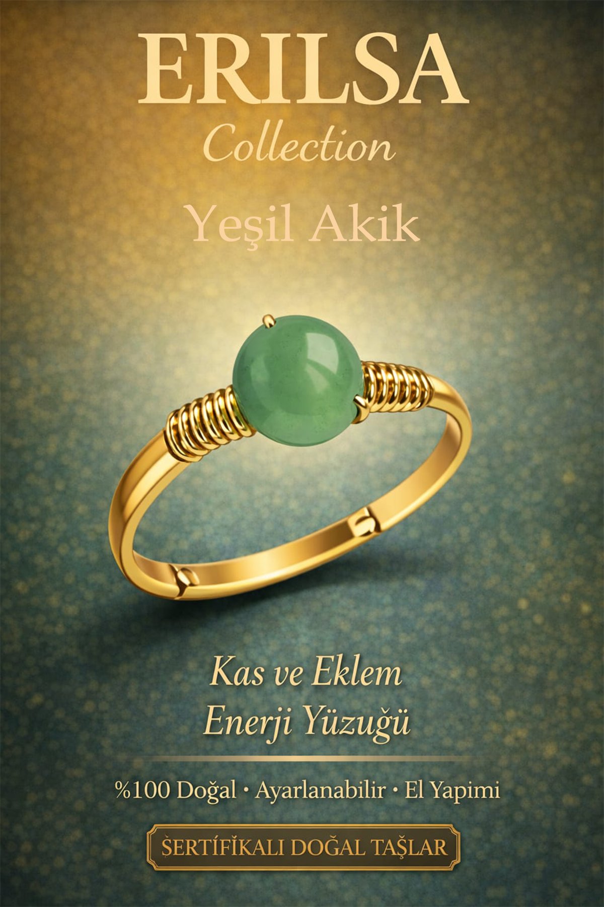 Sertifikalı Kas ve Eklem Enerji Yüzüğü – Yeşil Akik Ayarlanabilir Gold İnce Kasa Başak Boğa 