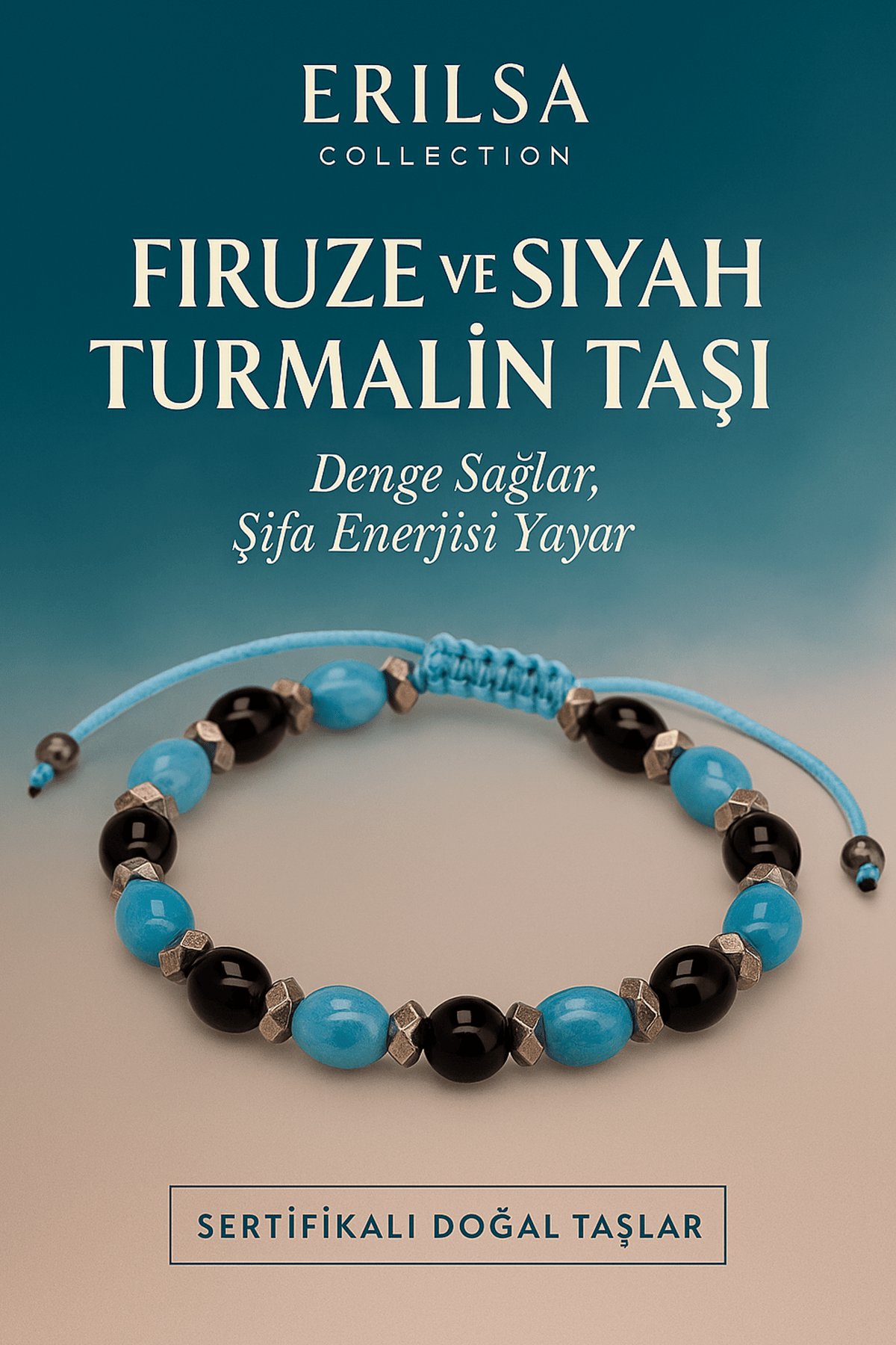 Sertifikalı Firuze ve Siyah Turmalin Taşı Bileklik - Denge Sağlayan Şifa Enerjili Takı