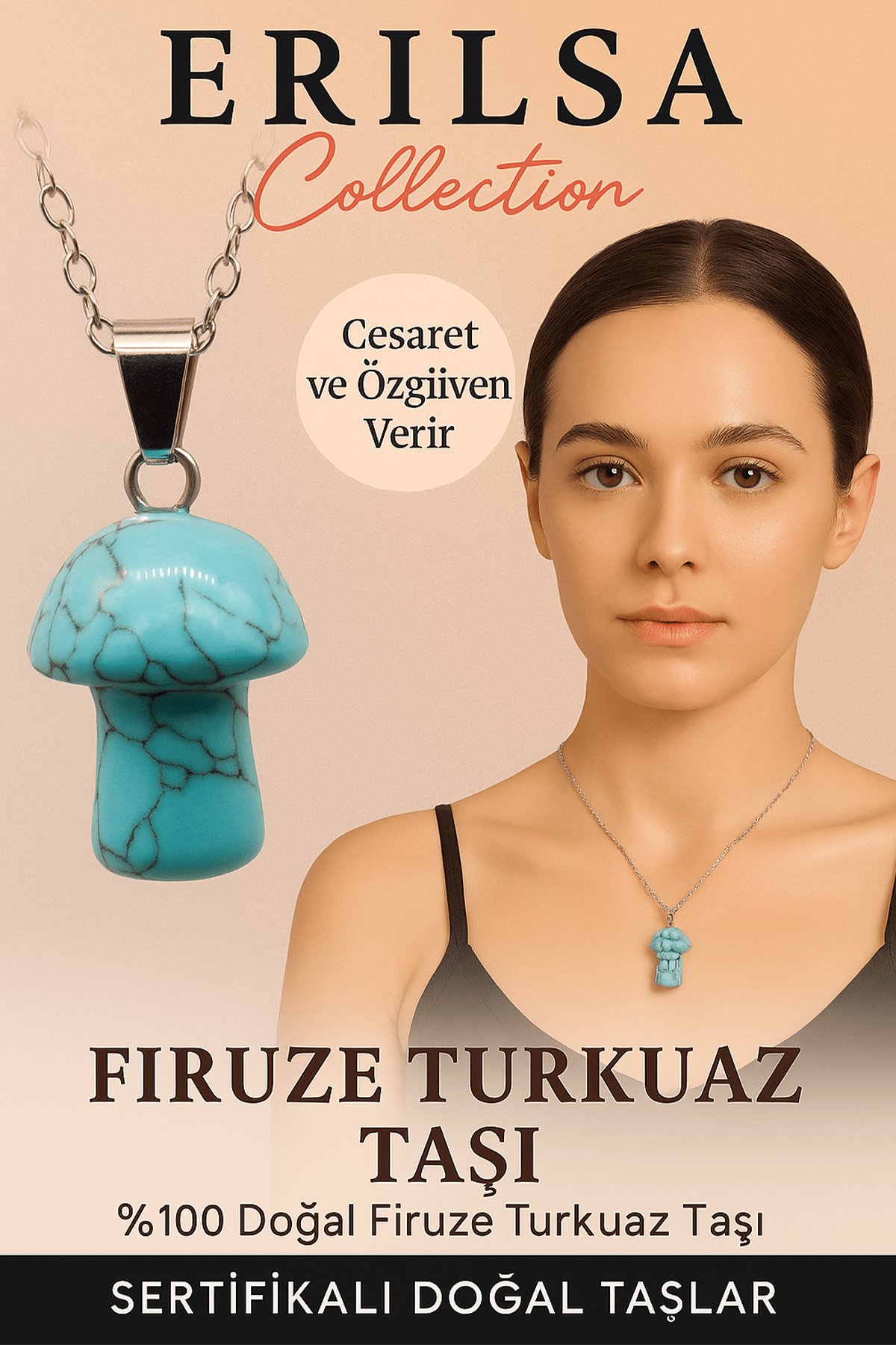 Sertifikalı Mantar Model Firuze Turkuaz Taşı Kolye - Cesaret ve Özgüven Veren Doğal Kolye