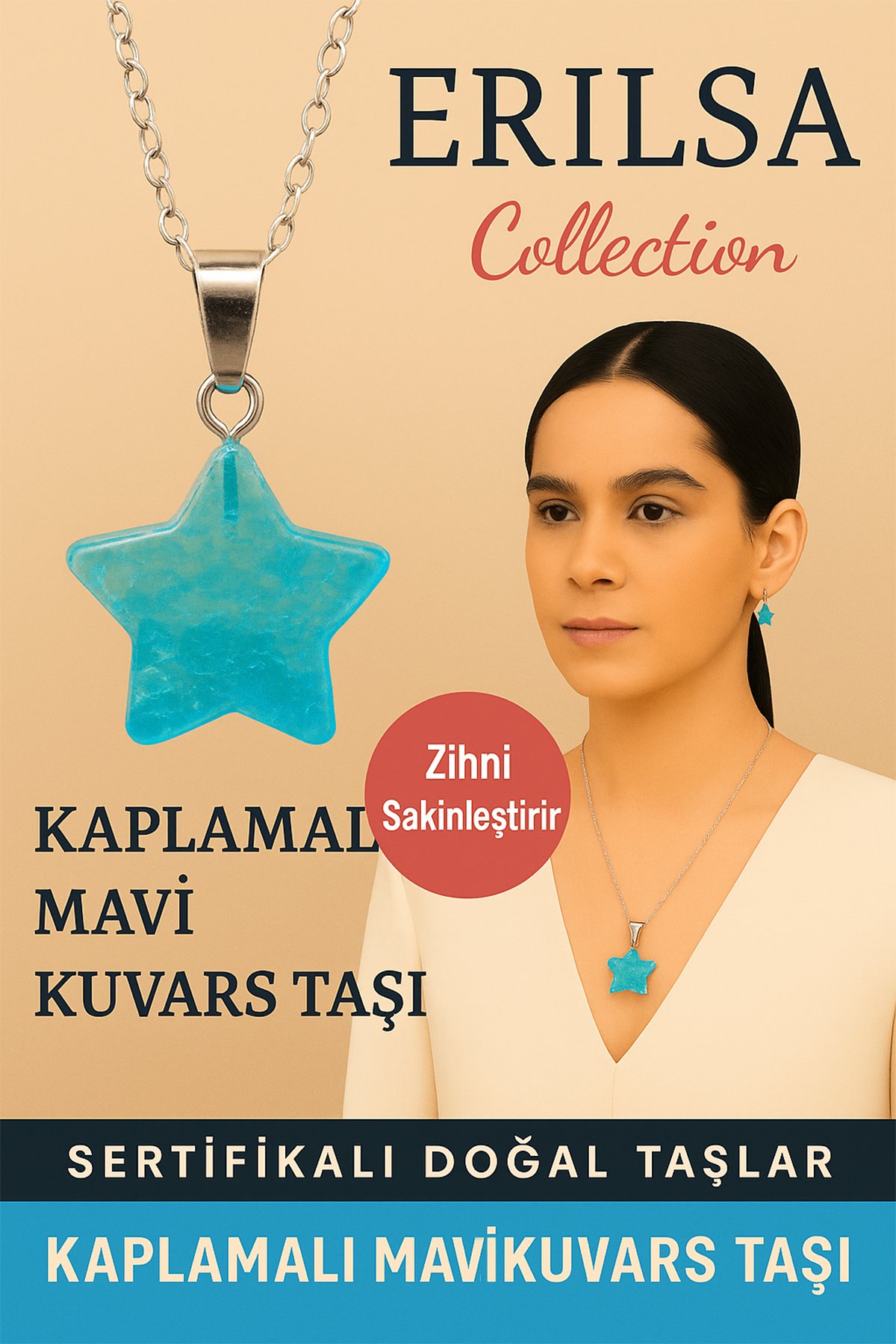 Sertifikalı Yıldız Model Kaplamalı Su Mavisi Kuvars Doğal Taş Kolye – Zihni Sakinleştiren Enerji