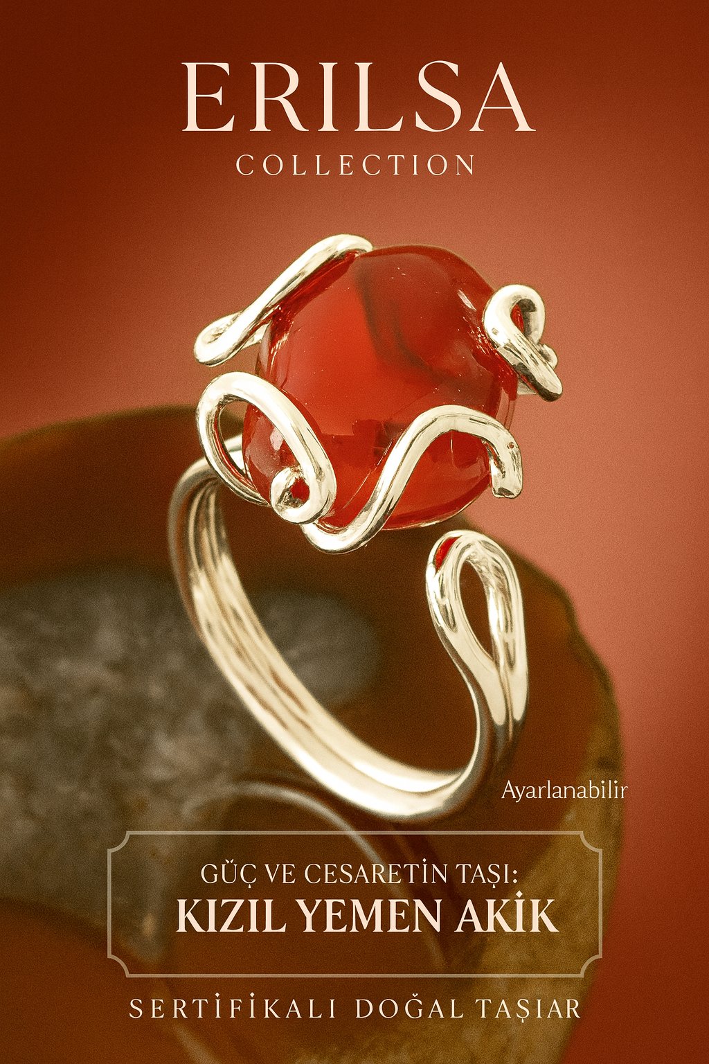 Sertifikalı Gümüş Rokoko Model Kızıl Yemen Akik Taşı Yüzük - Ayarlamalı