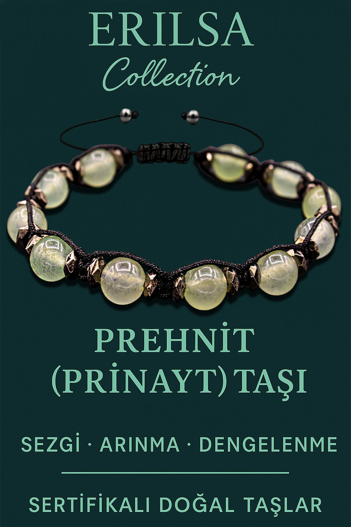 Sertifikalı Terahertz &amp; Prehnit (Prinayt) Taşı Bileklik – Kalp Şifası, Sezgi ve Koruyucu Enerji