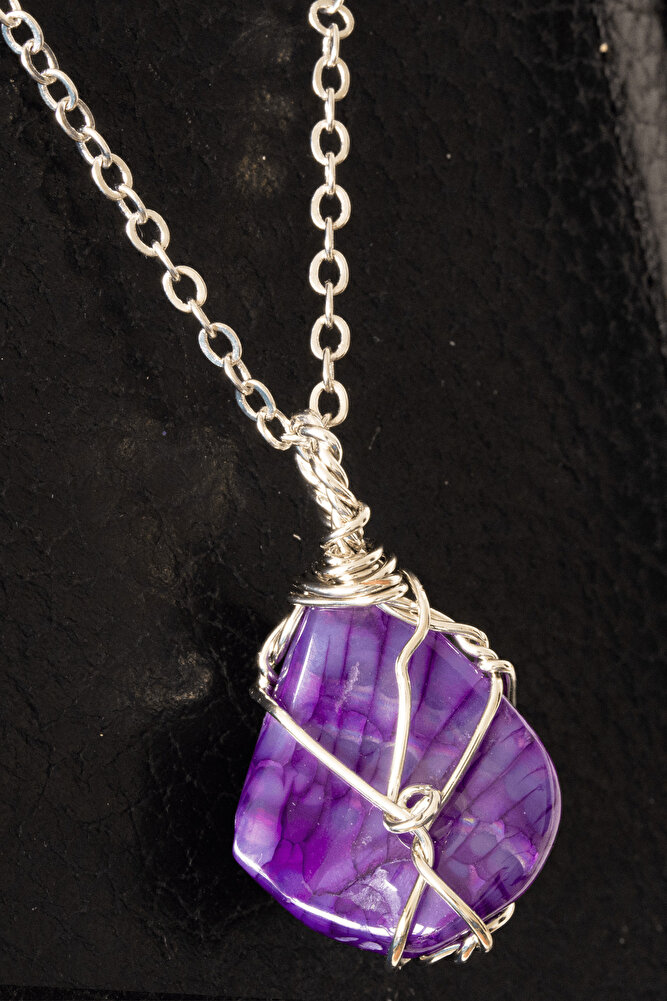 Sertifikalı Tel Sargılı Mor Akik Taşı Kolye