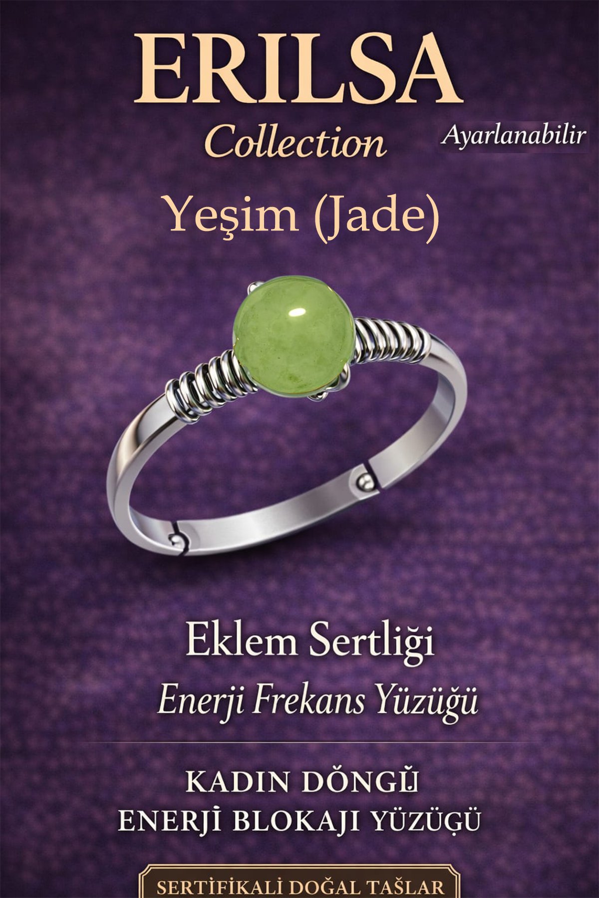 Sertifikalı Eklem Sertliği Enerji Yüzüğü – Açık Yeşim (Jade) Taşı Ayarlamalı İnce Boğa Oğlak Terazi