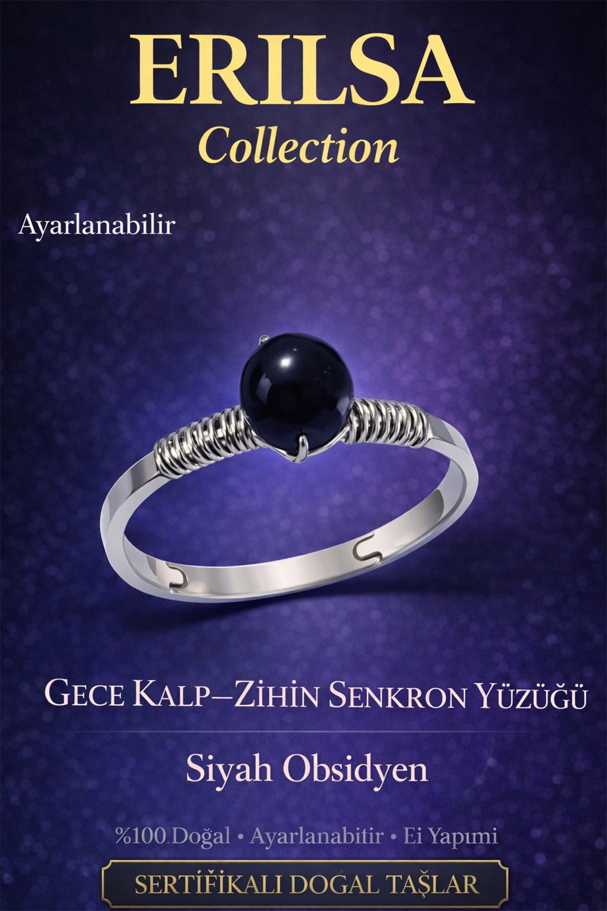 Sertifikalı Gece Kalp Zihin Senkron Yüzüğü – Siyah Obsidyen Ayarlanabilir İnce Kasa Akrep Yay Oğlak