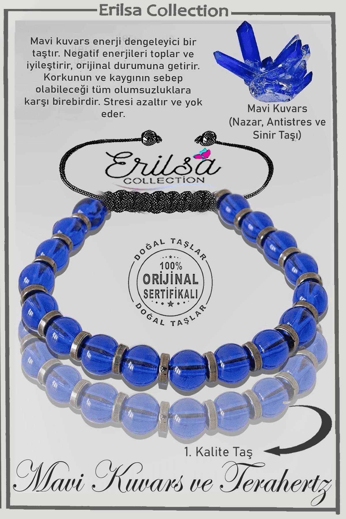 Sertifikalı Gerçek Hematit - Mavi Kuvars Taşı Bileklik - Ayarlamalı