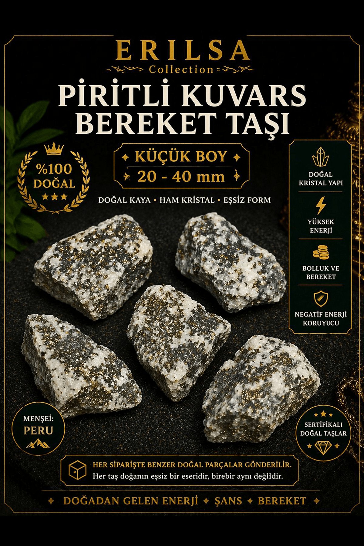 Sertifikalı Piritli Kuvars Bereket Taşı Doğal Ham Kristal 20-40 mm Küçük Boy