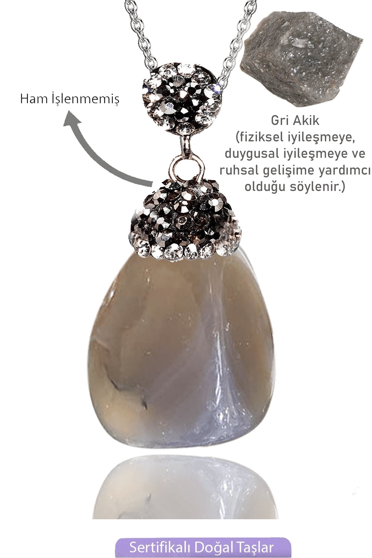 Sertifikalı Zirkon Taşlı Model Ham Gri Akik Taşı Kolye