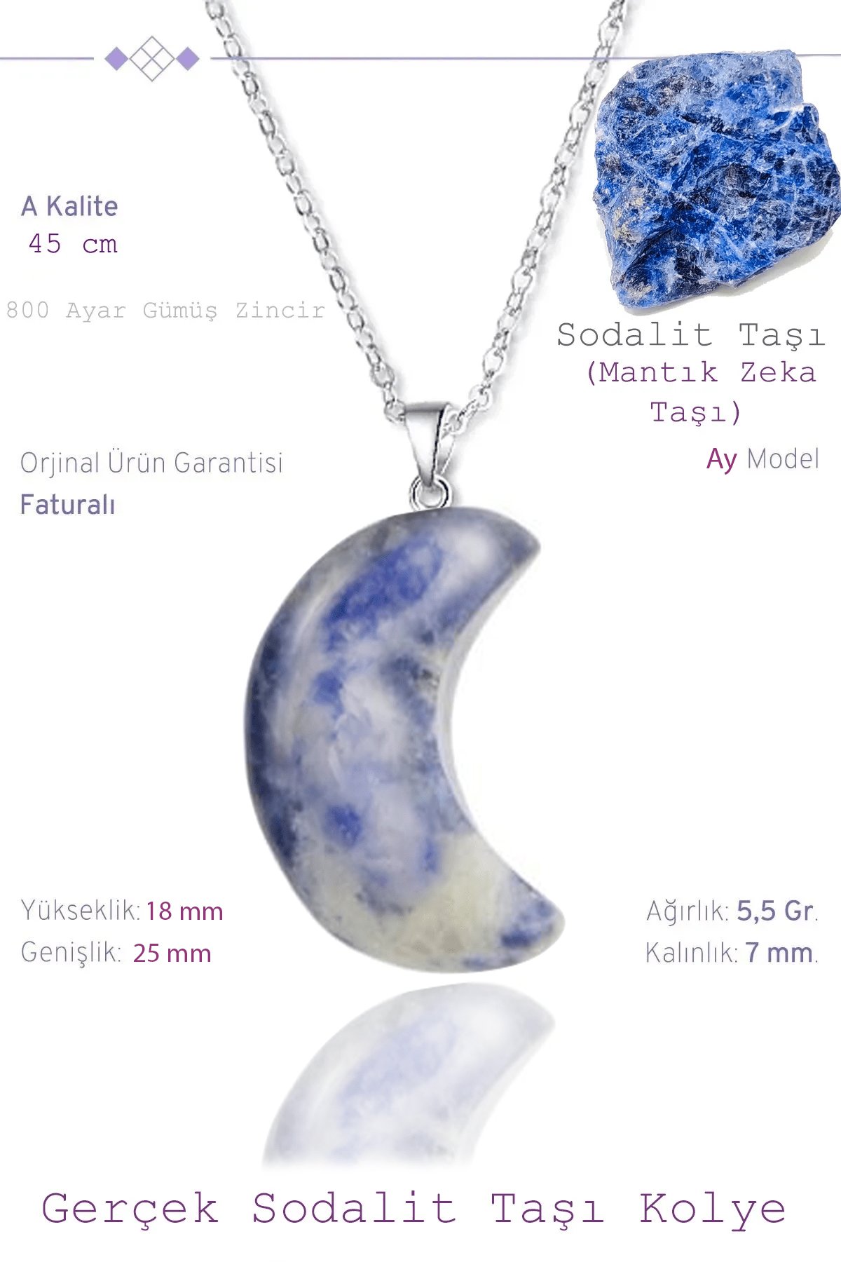 Sertifikalı Ay Model Gerçek Sodalit Taşı Kolye