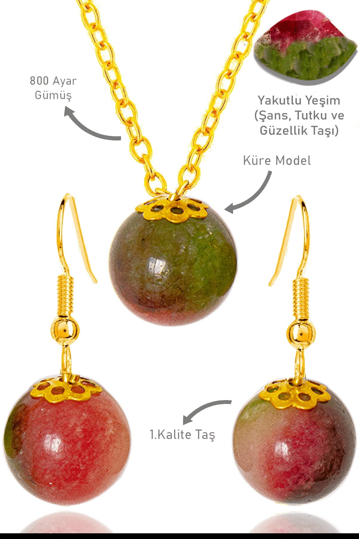 Sertifikalı Gold Küre Model Yakutlu Yeşim Taşı Kolye ve Küpe Seti - Gümüş Aparatlı