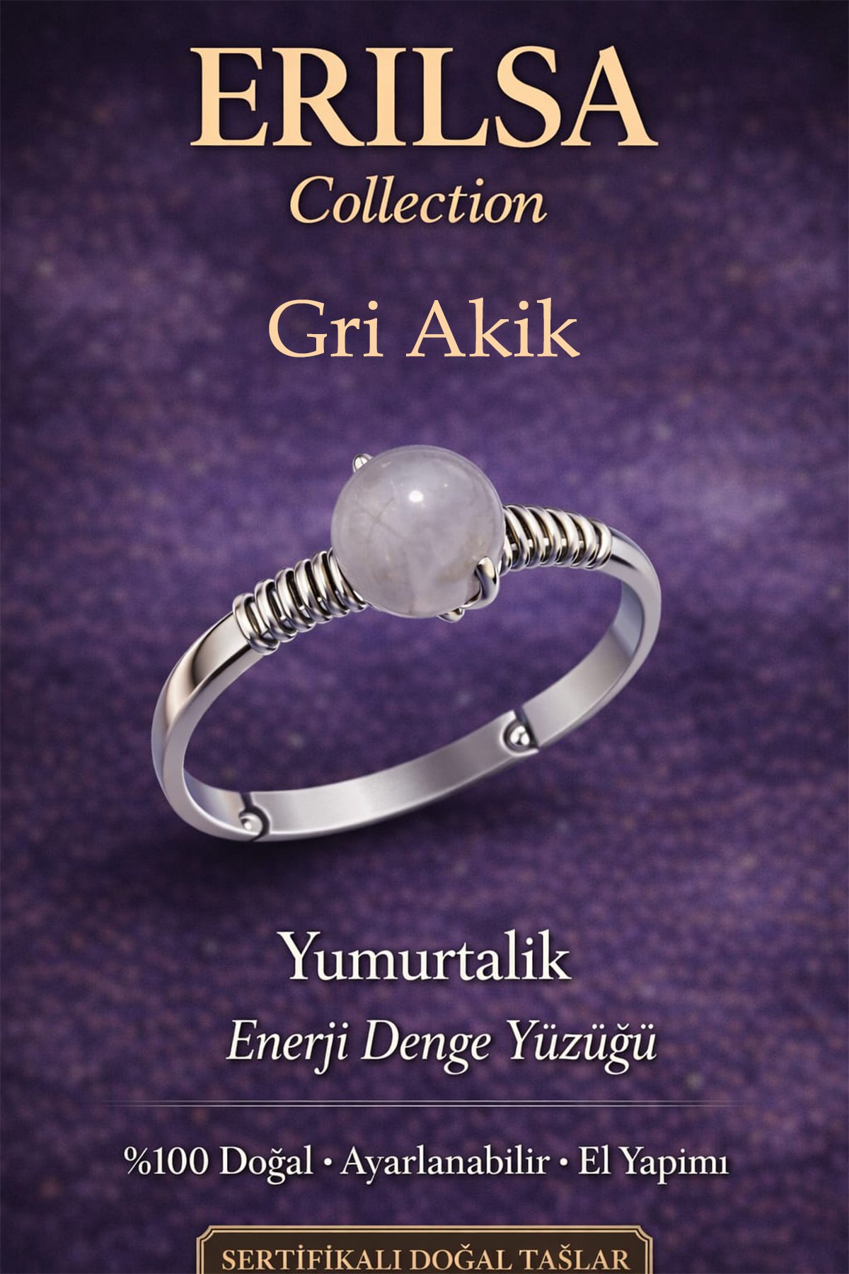 Sertifikalı Yumurtalık Enerji Denge Yüzüğü – Gri Akik Taşı Ayarlamalı İnce Kasa Yengeç Terazi Balık