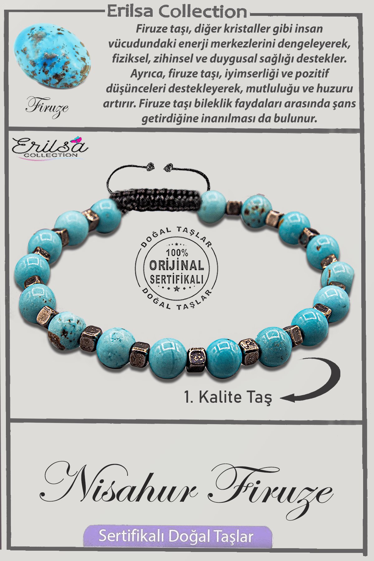 Sertifikalı AAA+ Kalite Gerçek Terahertz - Nişabur Firuze Taşı Bileklik - İran