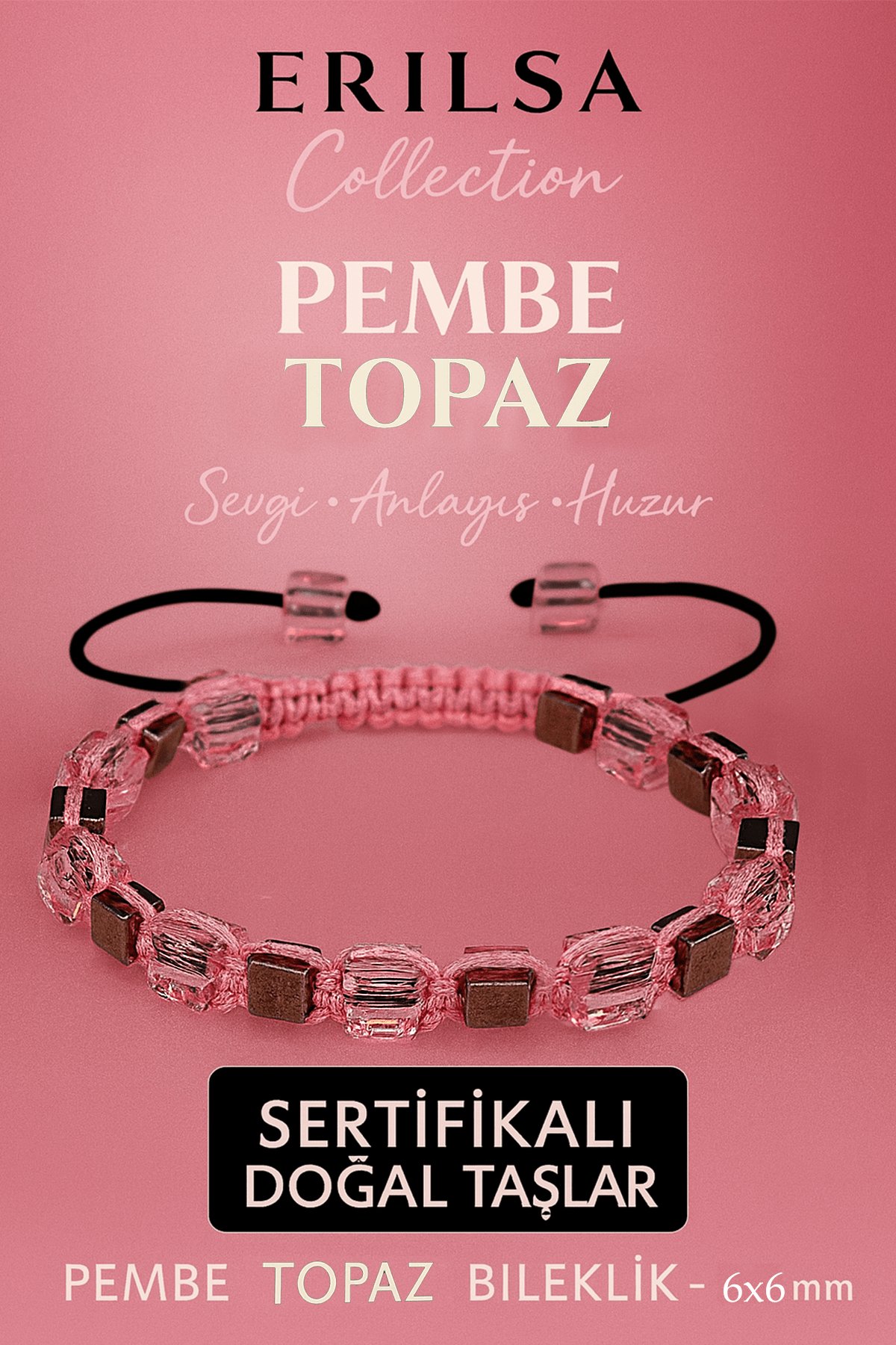 Sertifikalı Doğal Terahertz - Pembe Topaz Taşı Bileklik 6x6 mm - Sevgi ve Huzur Taşı