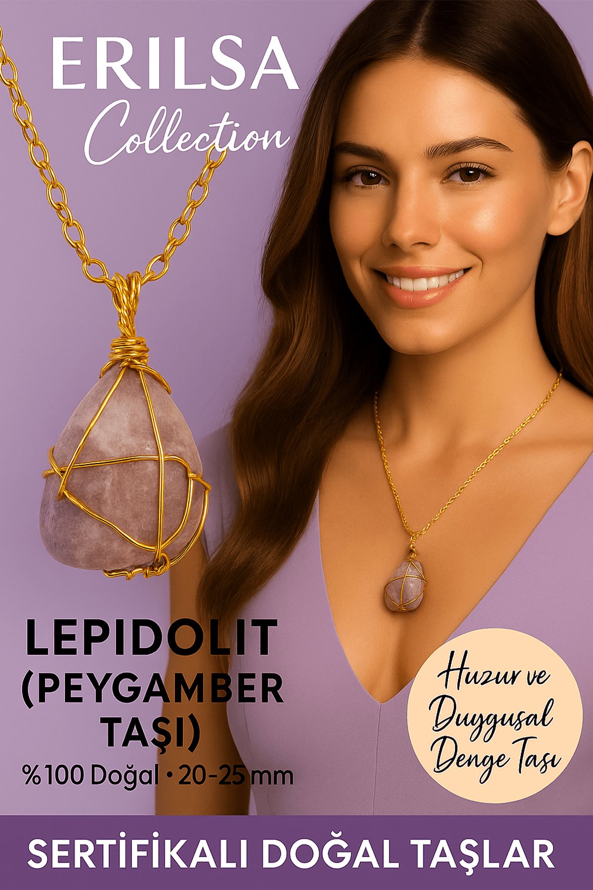 Sertifikalı Gold Renkli Doğal Lepidolit (Peygamber Taşı) Kolye – Huzur ve Duygusal Denge Taşı