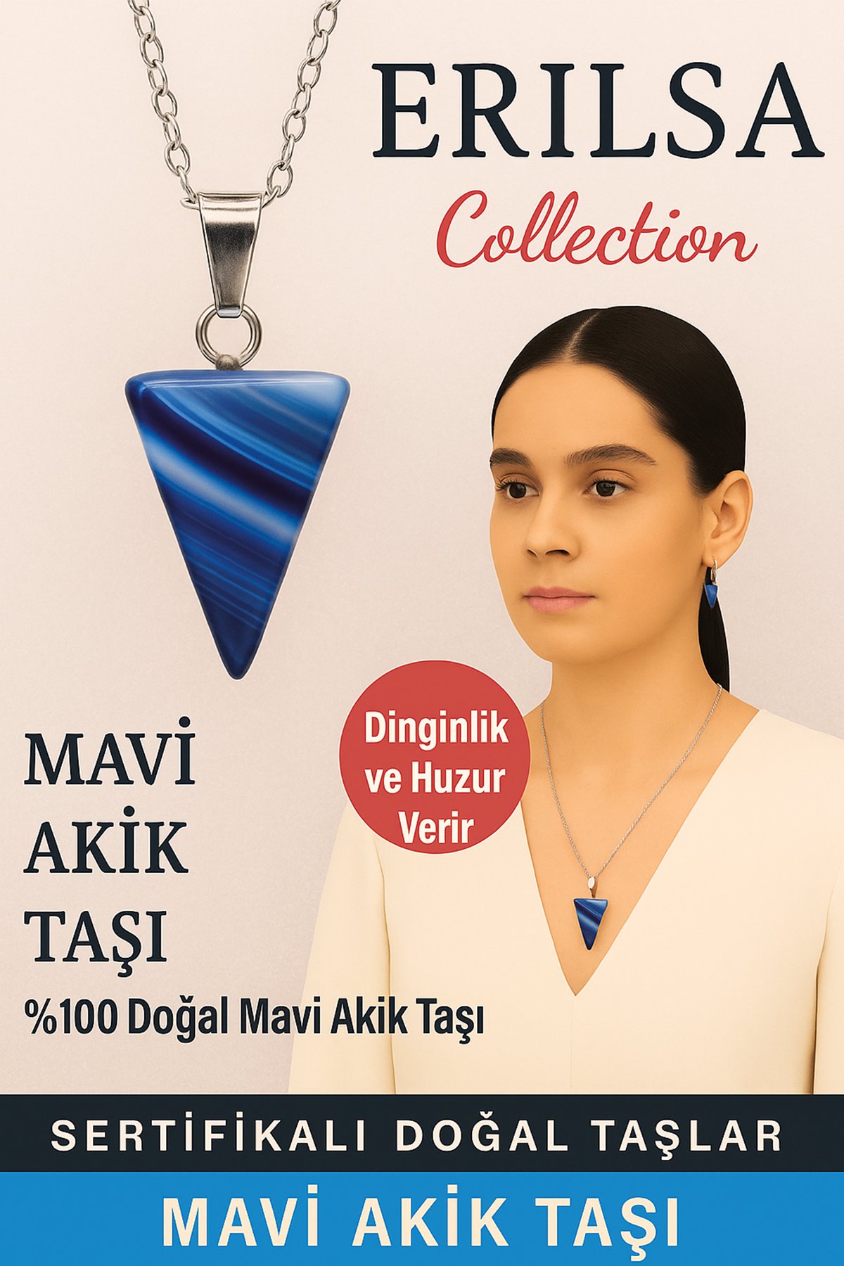 Sertifikalı Piramit Model Mavi Akik Taşı Kolye - Dinginlik ve Huzur Veren Doğal Taş