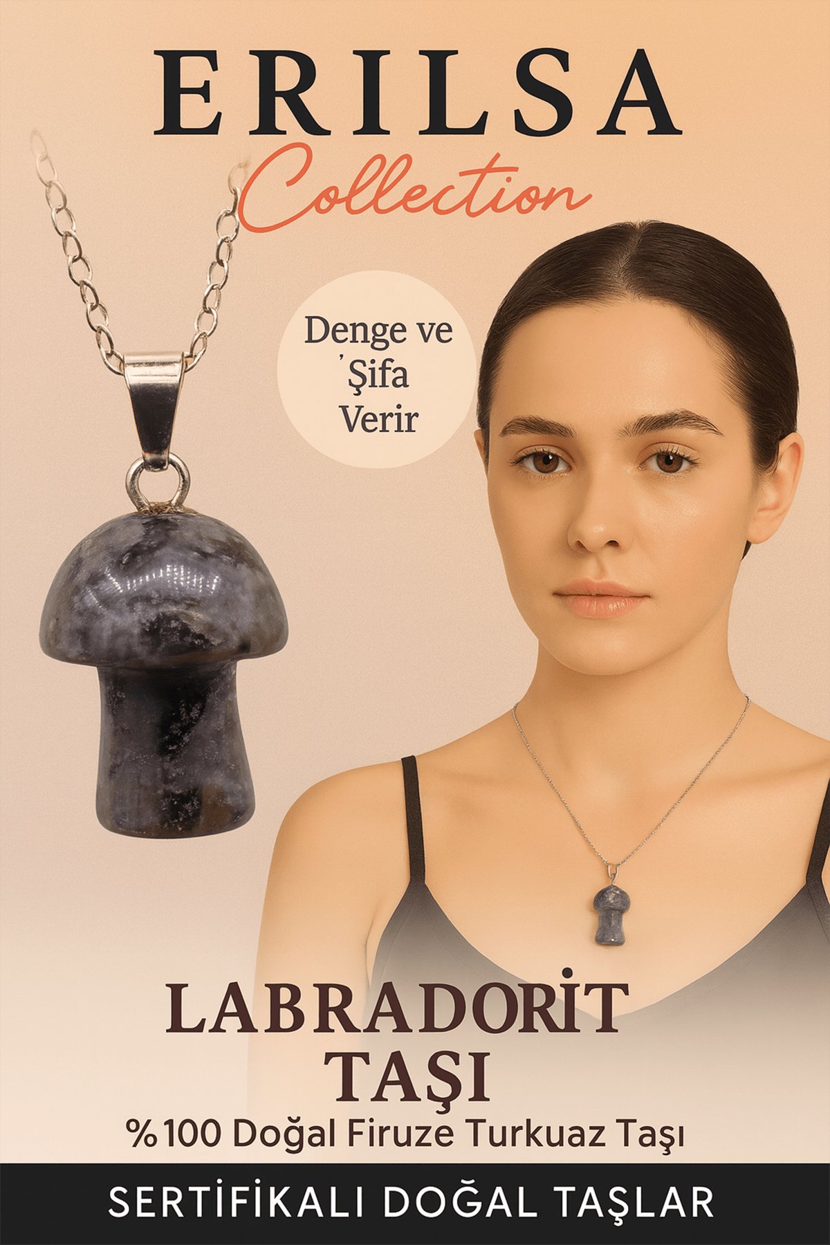 Sertifikalı Mantar Model Labradorit Taşı Kolye - Denge ve Şifa Veren Doğal Kolye