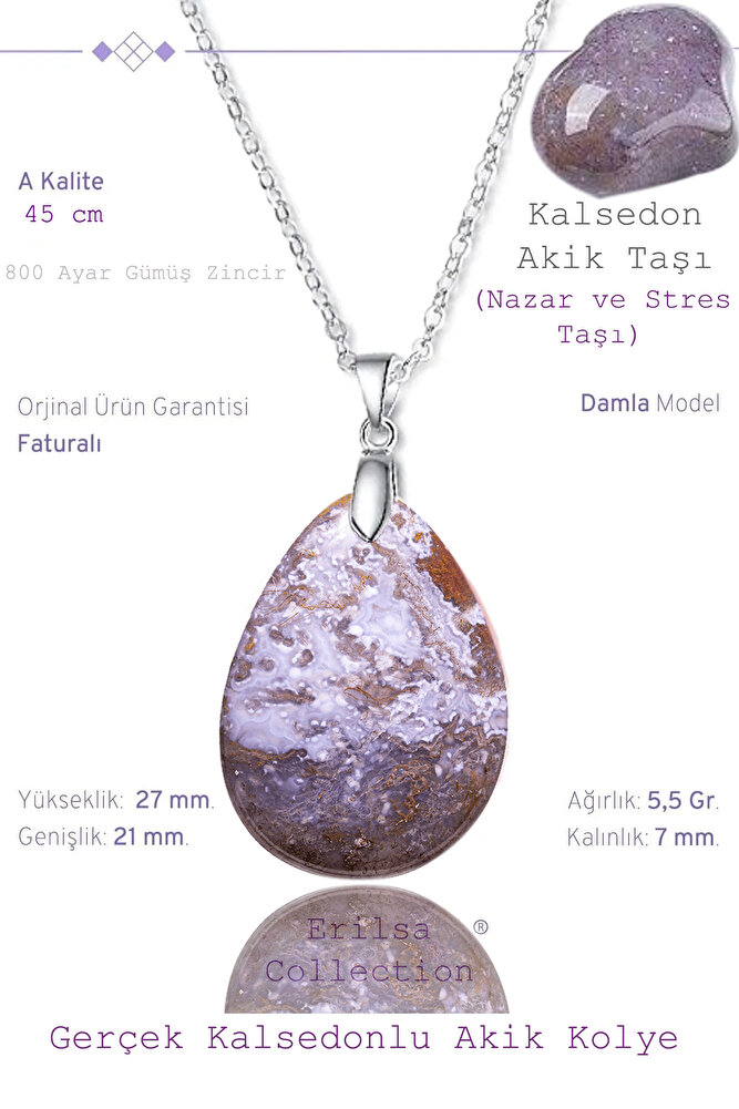 Sertifikalı Damla Model Kalsedon Akik Taşı Kolye (GÜMÜŞ APARATLI)