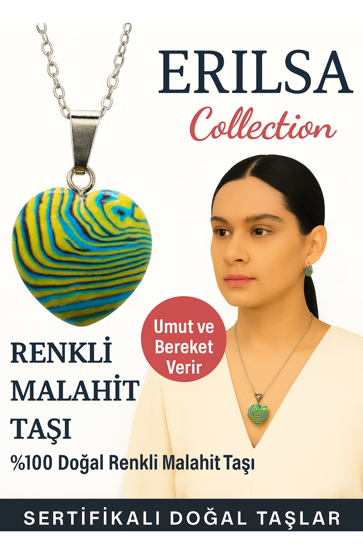 Sertifikalı Kalp Model Renkli Malahit Doğal Taş Kolye – Umut ve Bereket Verir