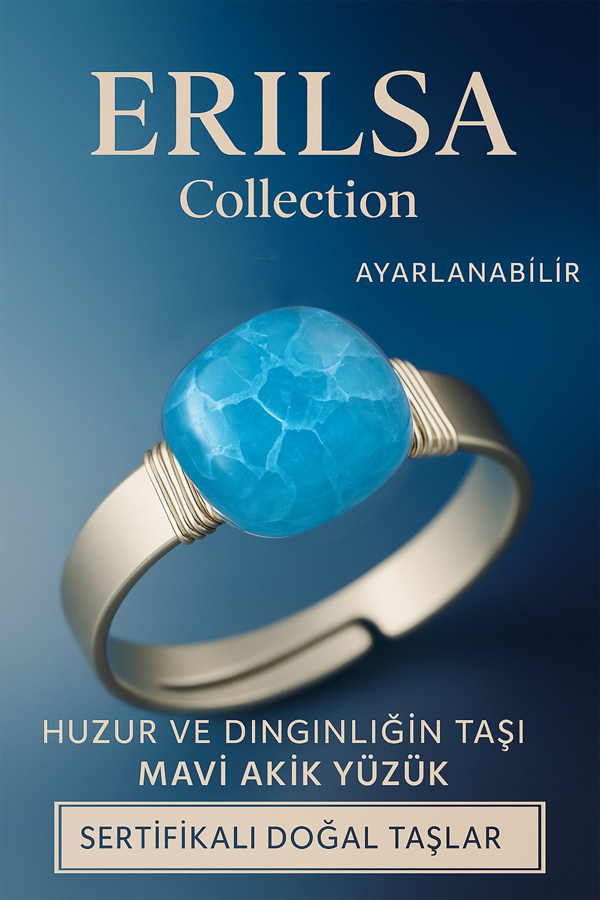 Sertifikalı Doğal Mavi Akik Taşı Yüzük – Ayarlanabilir Kalın Tımbıl Kasa