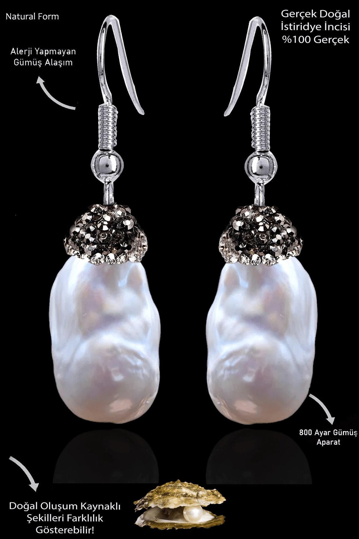 Sertifikalı Zirkon Taşlı Model Ham Doğal Barok Inci Küpe - İstiridye İncisi