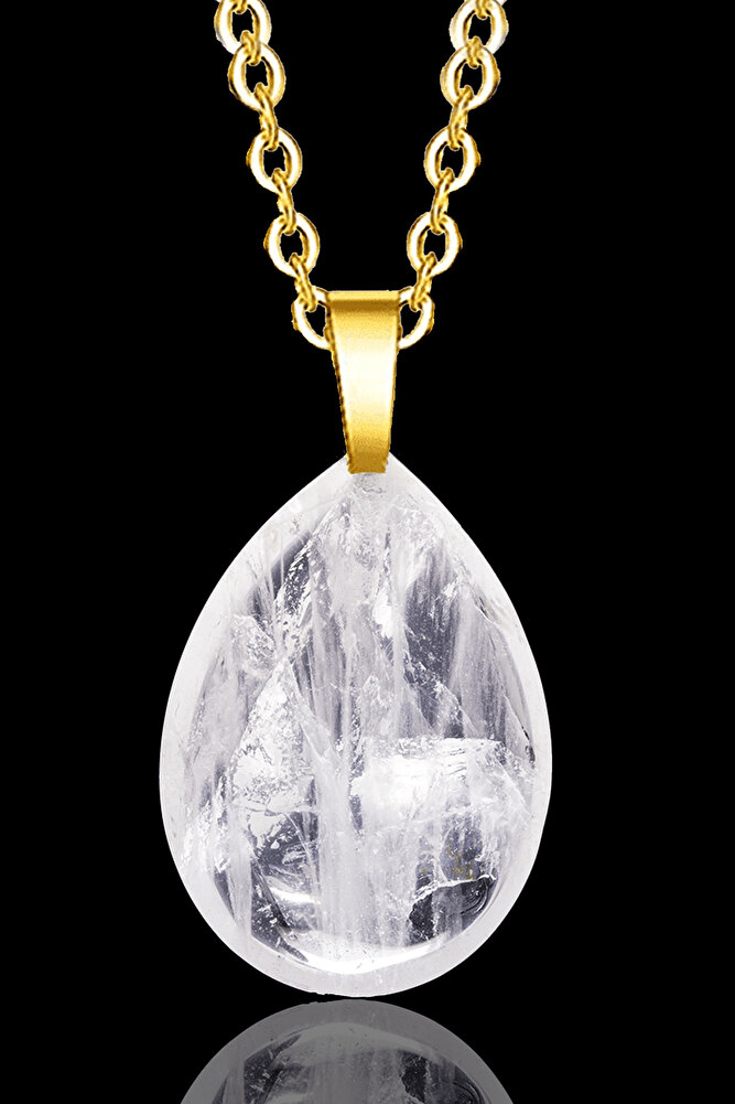 Sertifikalı 24k Altın Kaplama Damla Kesim Kristal Kuvars Taşı Kolye