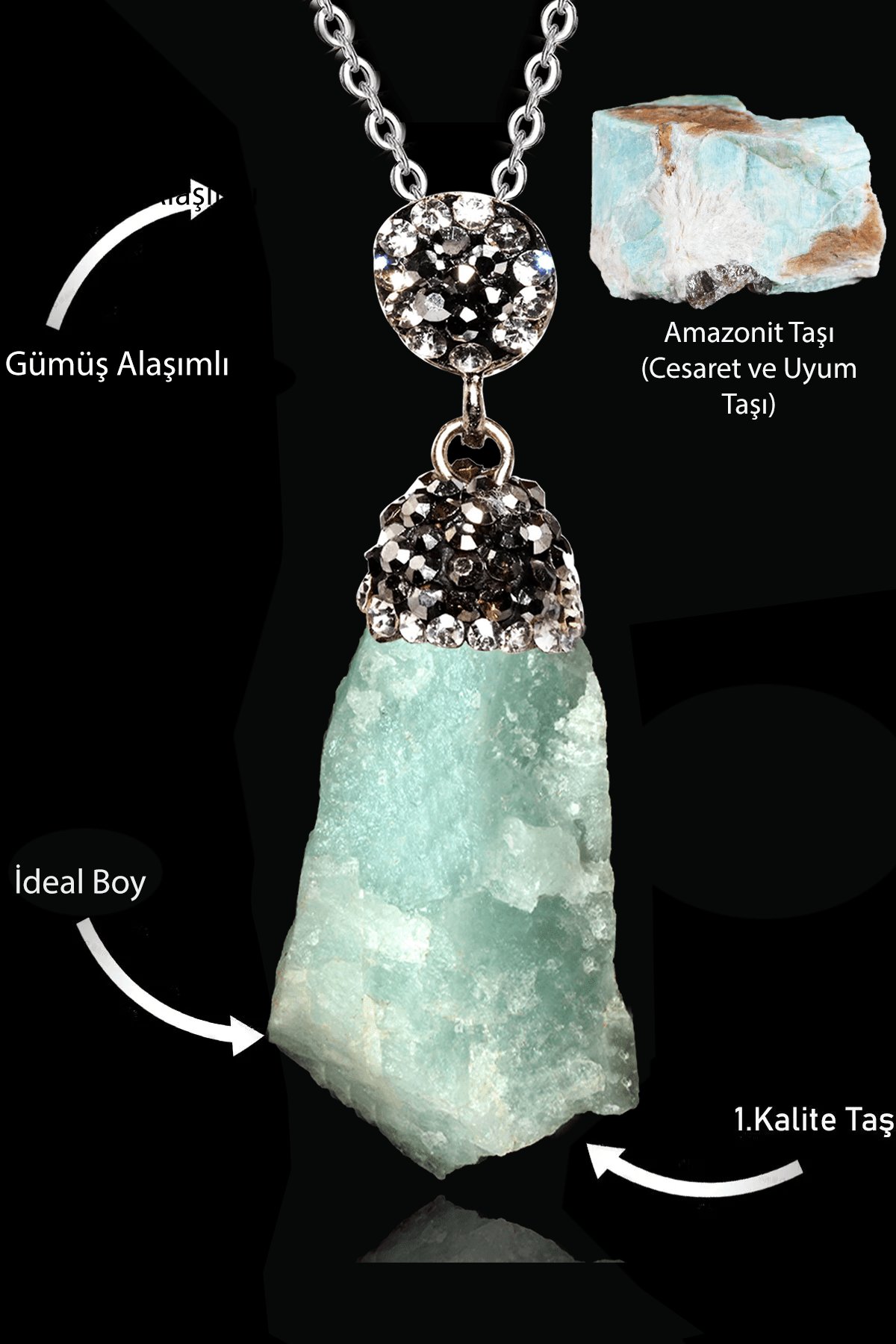 Sertifikalı Zirkon Taşlı Ham İşlenmemiş Amazonit Taşı Kolye