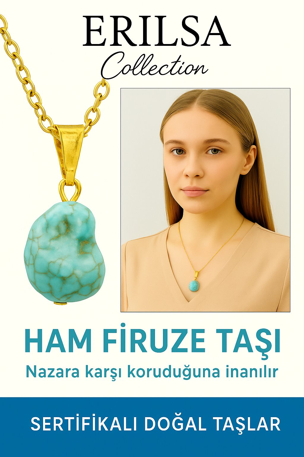 Sertifikalı Altın Renkli Ham İşlenmemiş Firuze (Turkuaz) Kolye – Koruma, Şans ve Ruhsal Huzur Taşı