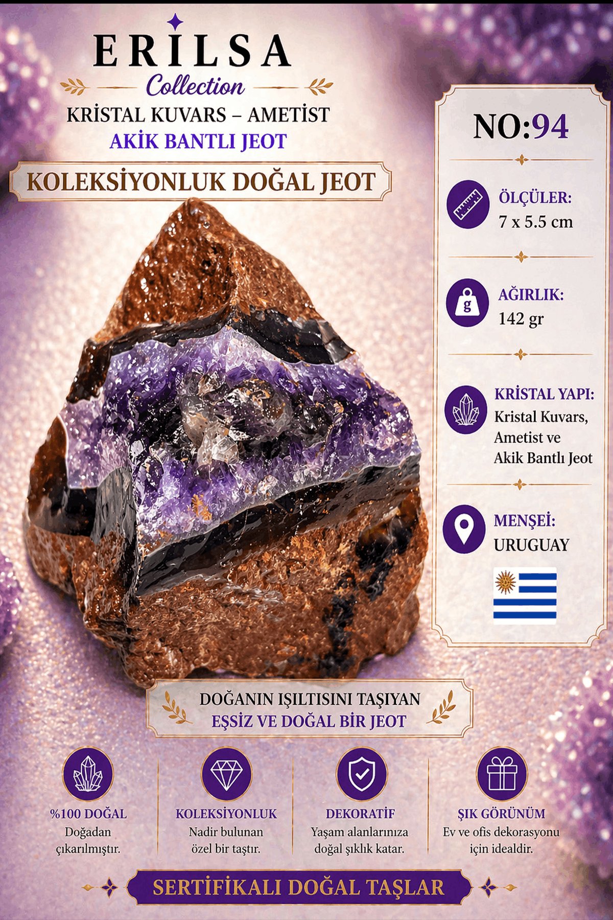 Sertifikalı Kristal Kuvars Ametist Akik Bantlı Jeot Doğal Taş Koleksiyonluk Dekoratif 7x5.5 cm NO94