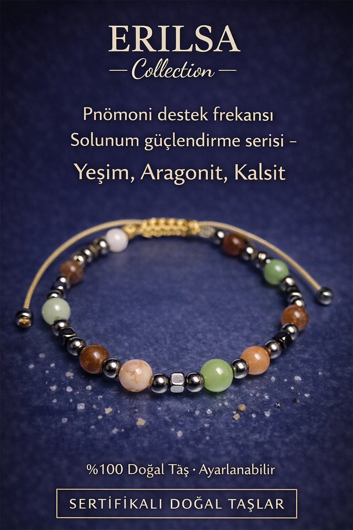 Sertifikalı Pnömoni Destek Frekansı Solunum Güçlendirme Bilekliği - Yeşim Aragonit Kalsit Doğal Taş