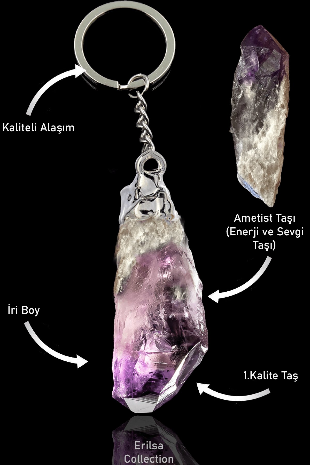 Sertifikalı Ham İşlenmemiş Ametist Taşı Anahtarlık - Gümüş Alaşımlı