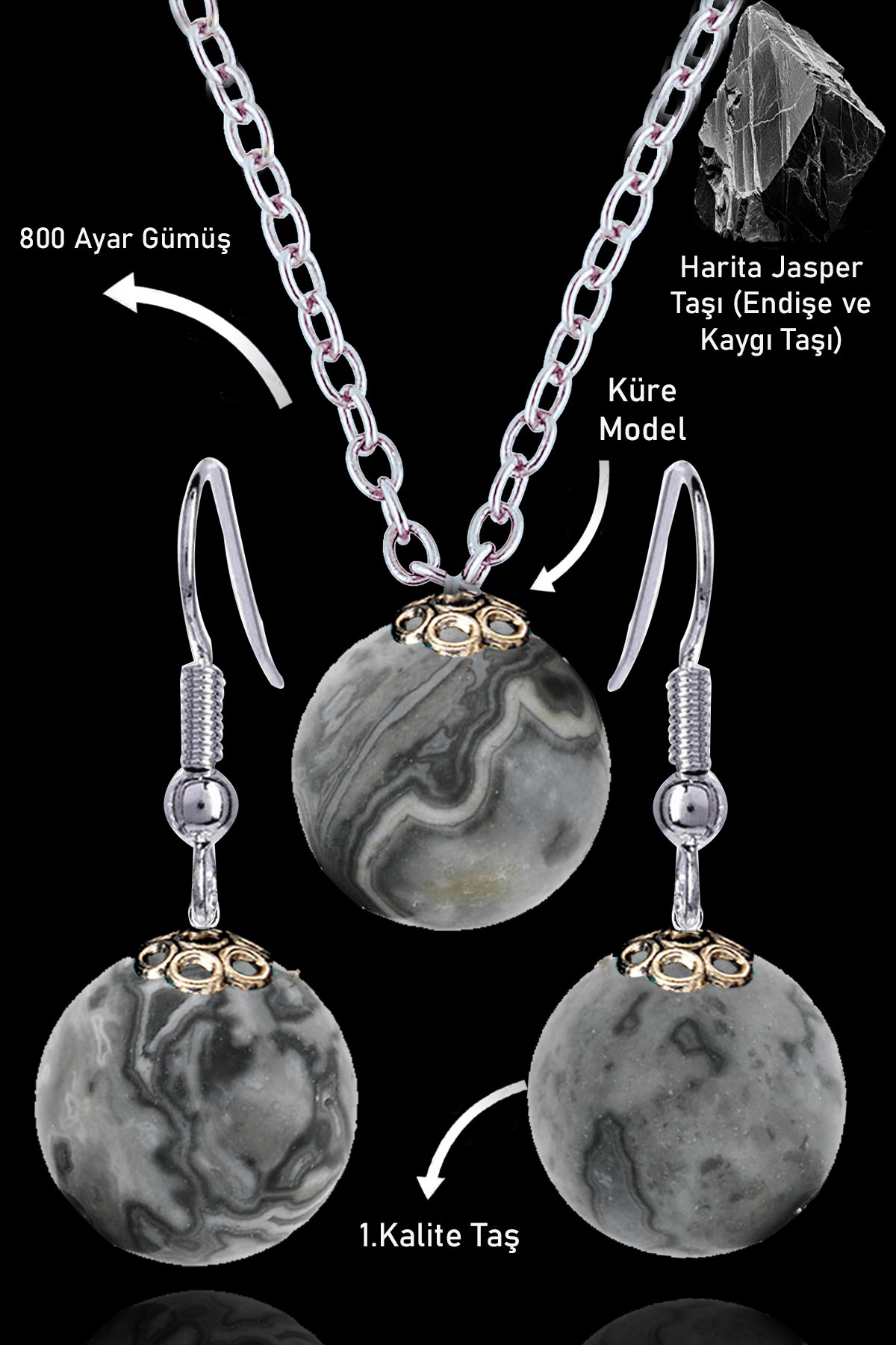 Sertifikalı Küre Model Harita Jasper Taşı Kolye ve Küpe Seti - Gümüş Aparatlı