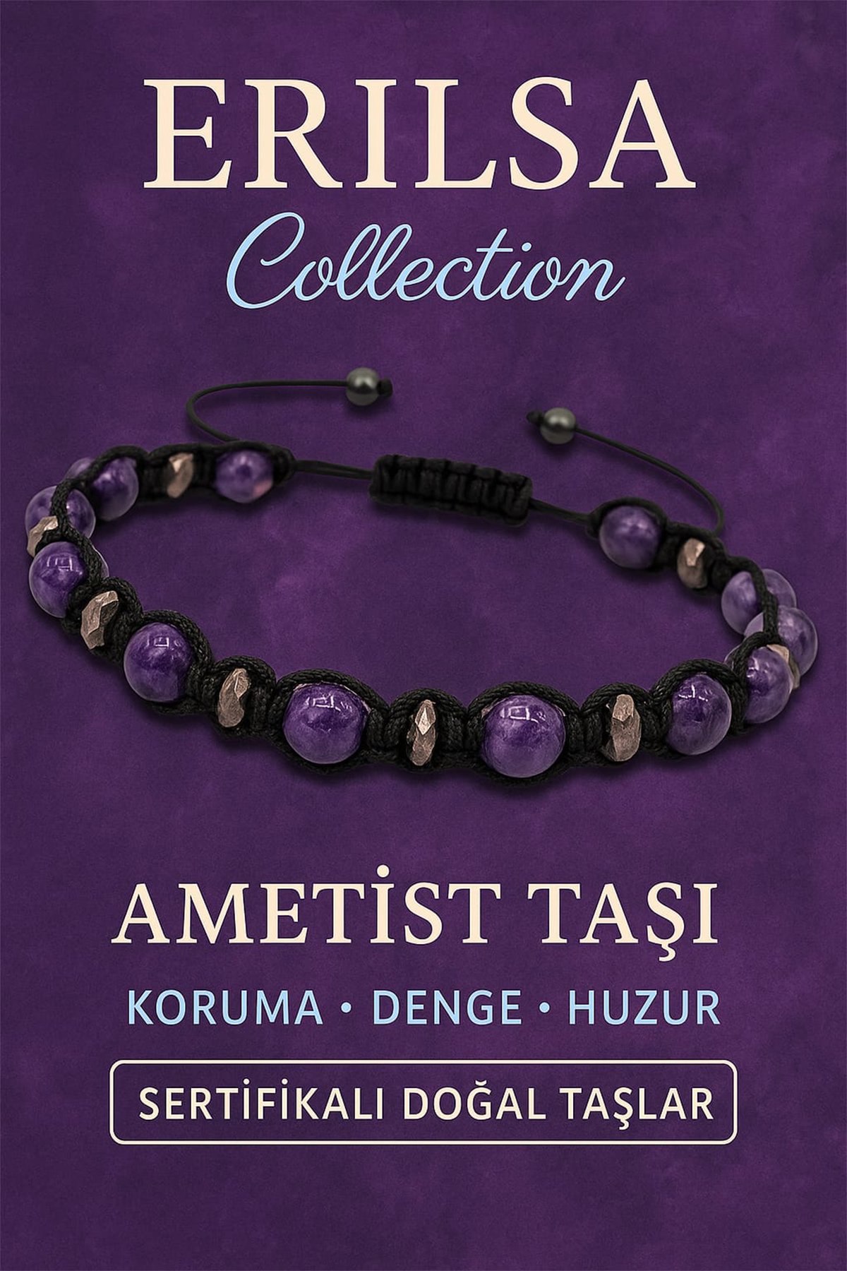 Sertifikalı Ametist ve Terahertz Taşı Bileklik – Huzur, Koruma ve Odakla Dengeli Şıklık