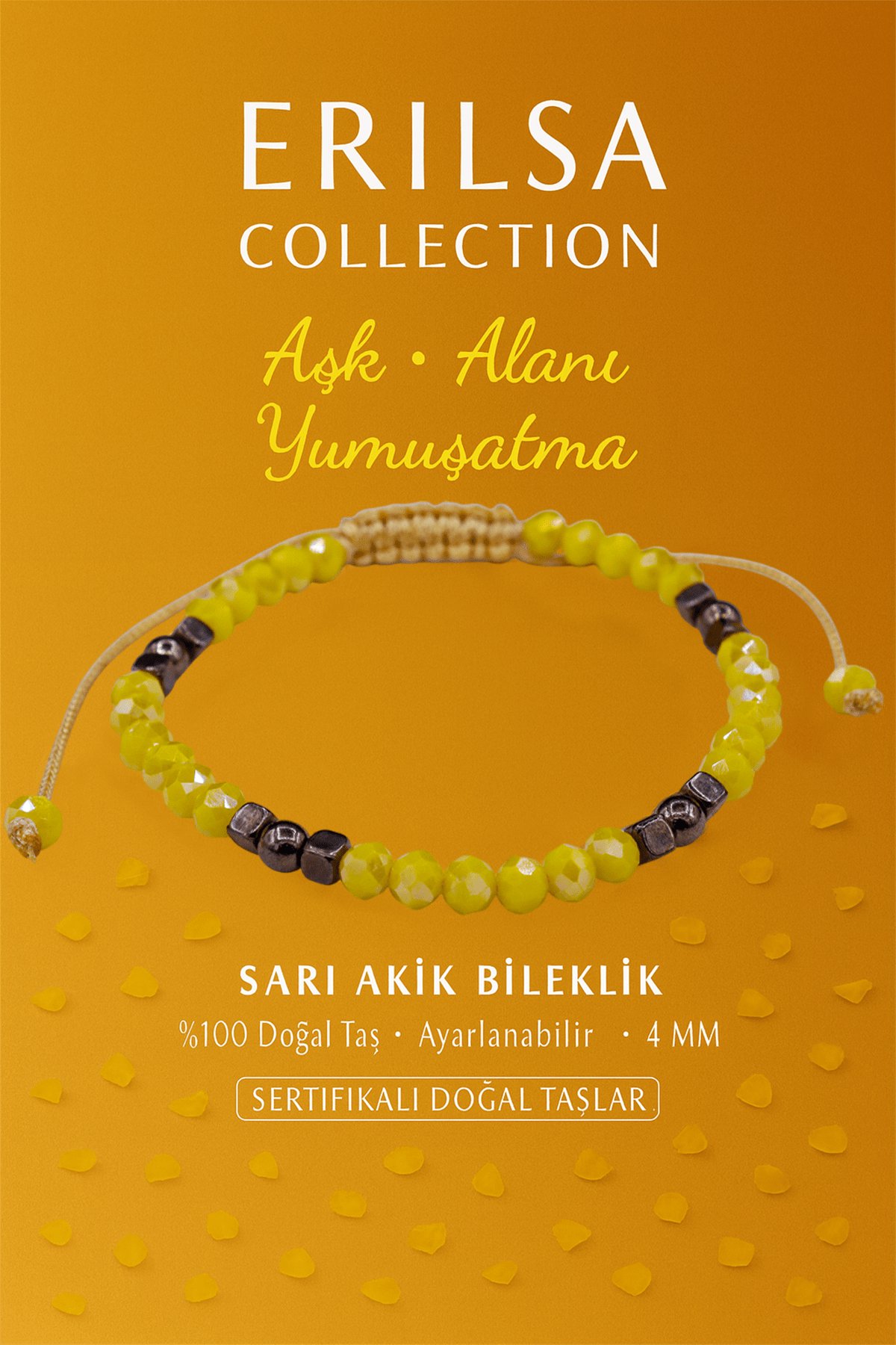 Sertifikalı Aşk Alanı Yumuşatma Enerji Aktivasyon Bilekliği – Sarı Akik ve Terahertz Doğal Taş 4 mm