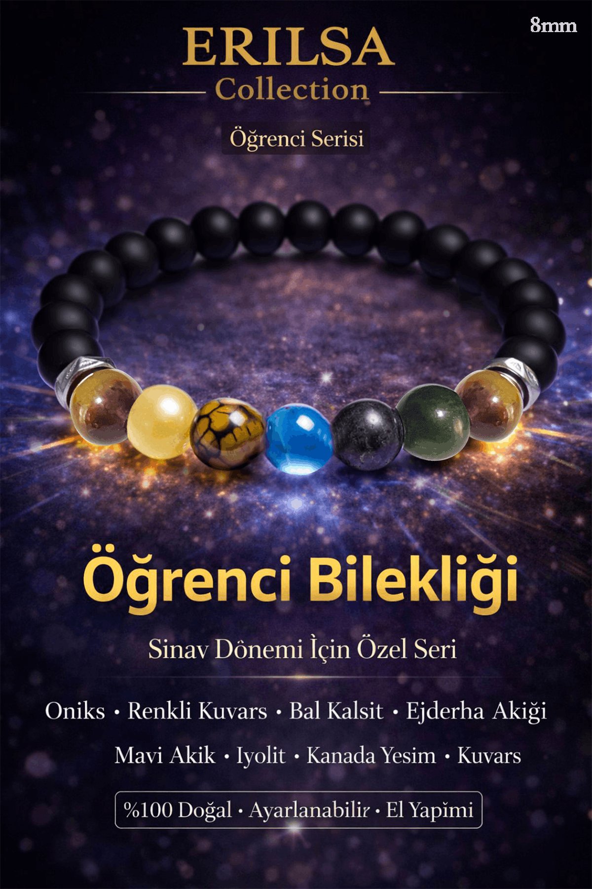 Sertifikalı Doğal Taş Öğrenci Bilekliği 7 Çakra Enerji Bileklik Oniks Kuvars Akik İyolit Yeşim Taşı