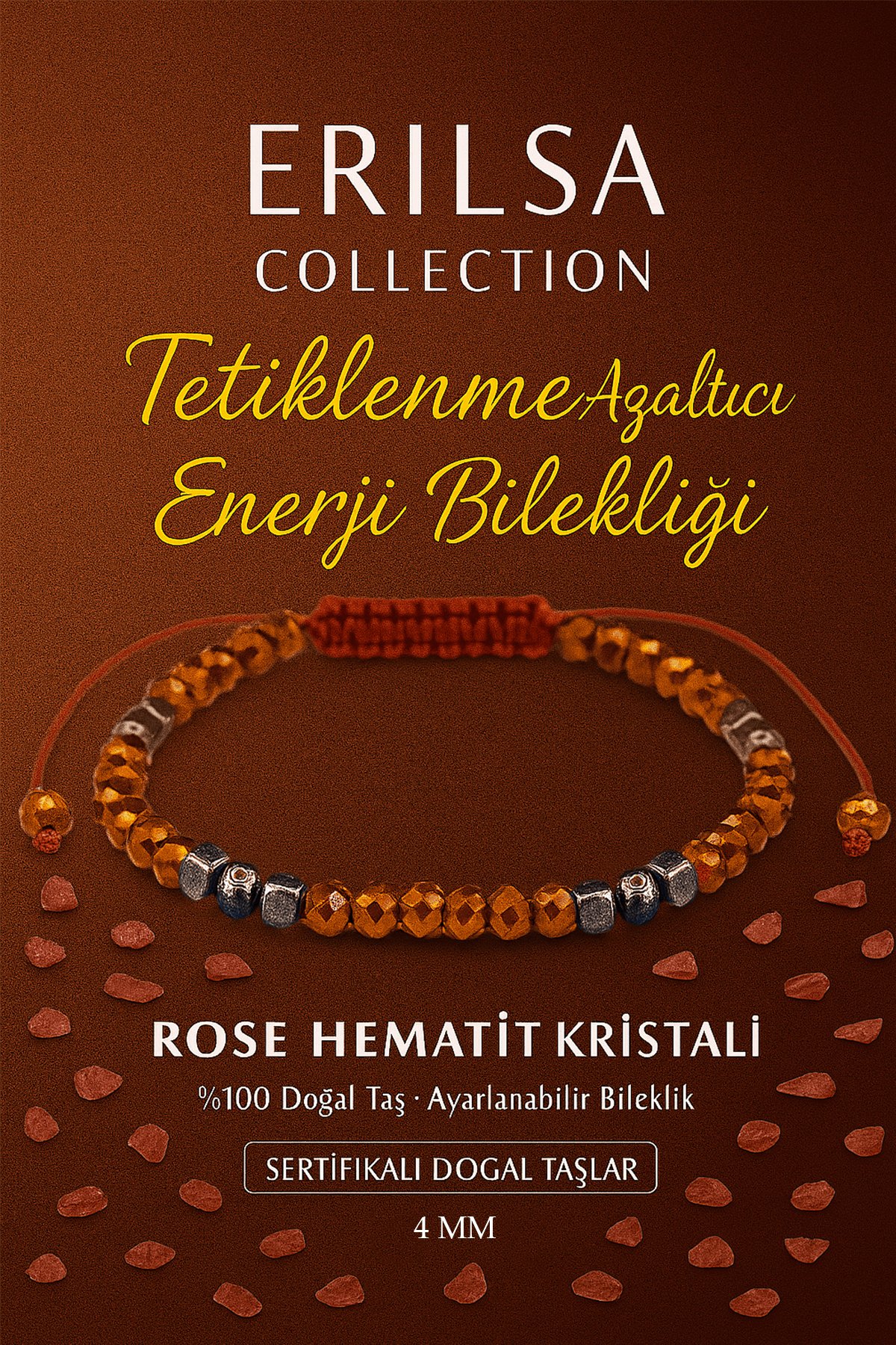 Sertifikalı Tetiklenme Azaltıcı Enerji Bilekliği - Rose Hematit Kristali Doğal Taş 4mm