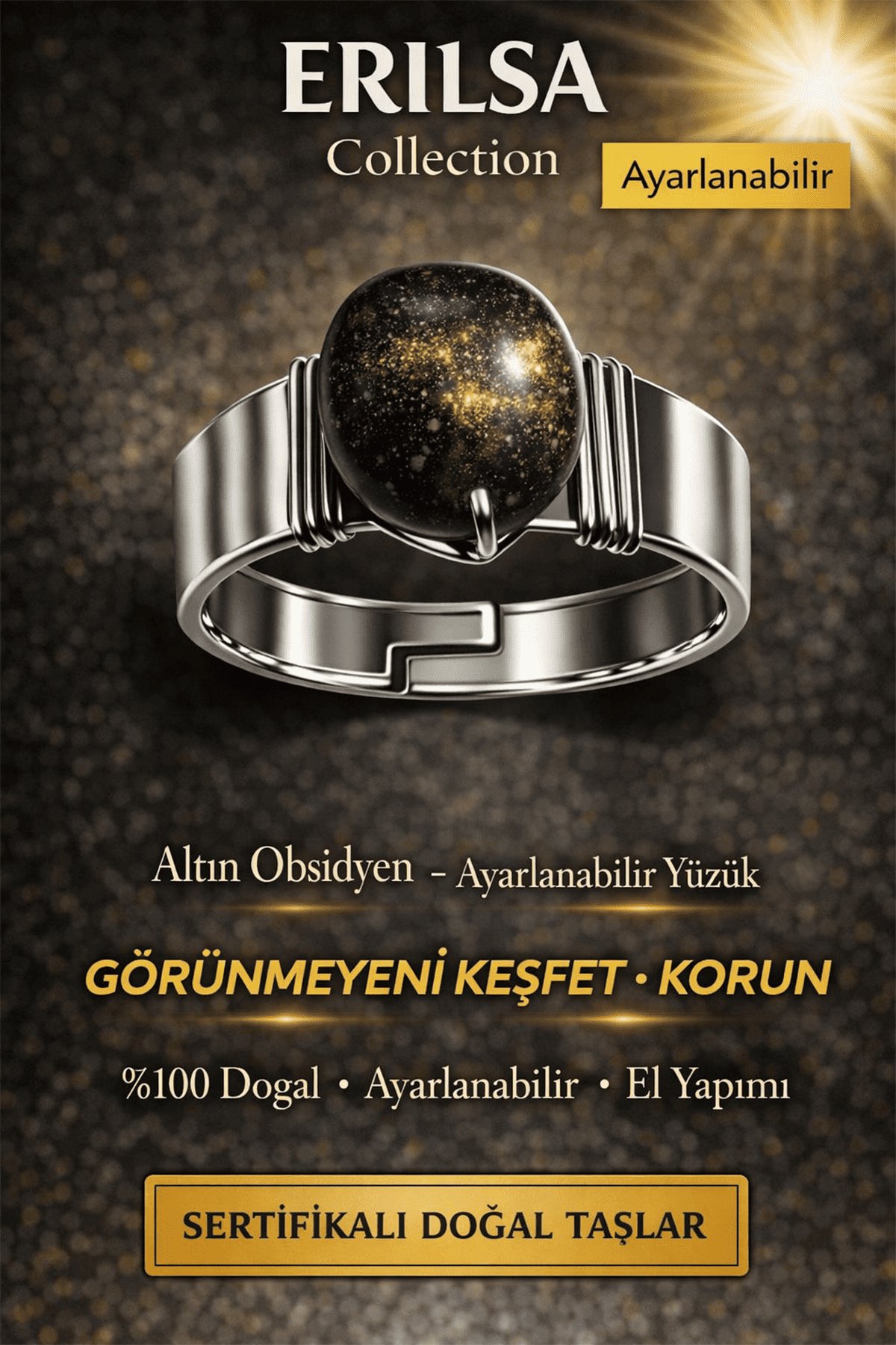 Sertifikalı Gold Siyah Obsidyen Yüzük Doğal Taş Ayarlanabilir El Yapımı Koruyucu Enerji Taşı
