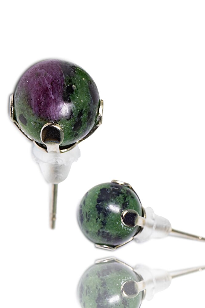 Sertifikalı Doğal Ruby Yakutlu Zoisit - Anyolit Taşı Nokta Doğal Taş Küpe