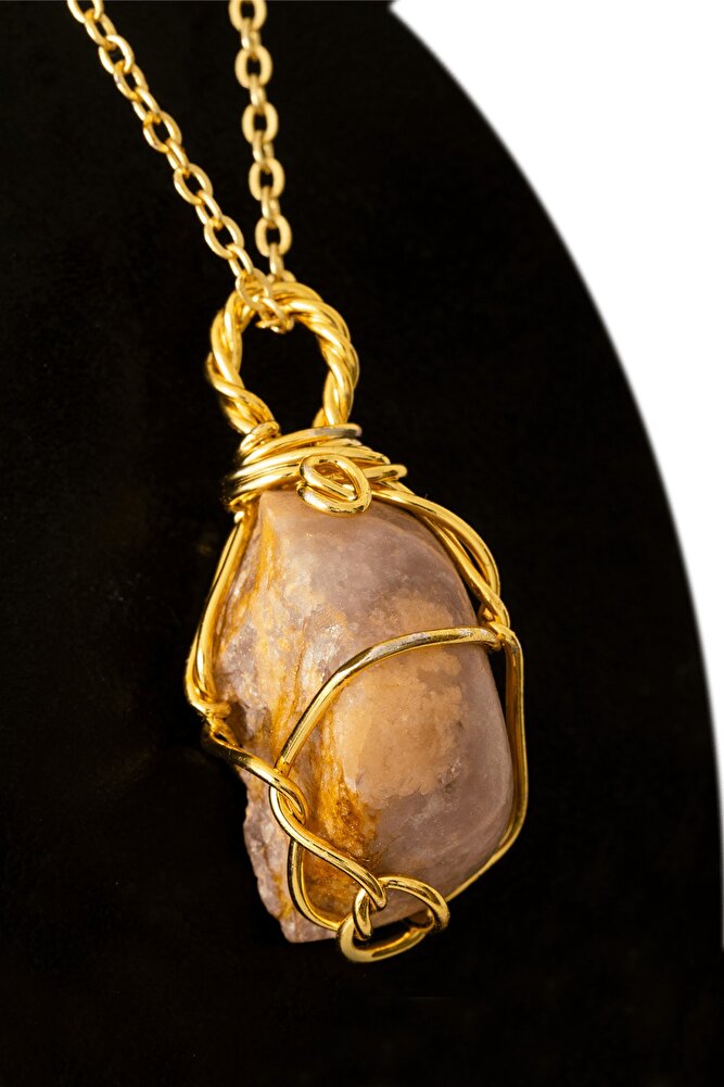 Sertifikalı Gold Tel Sargılı Ham Lepidolit Taşı Kolye - Huzur ve Dengesel Duygu Taşı
