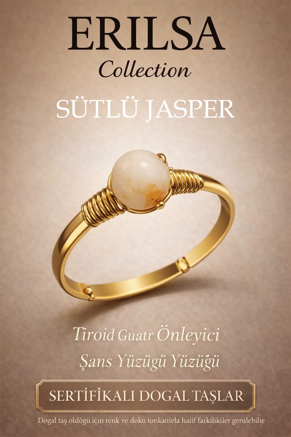 Sertifikalı Tiroid Enerji Denge Yüzüğü – Sütlü Jasper Ayarlamalı Gold İnce Kasa Boğa Yengeç Burcu