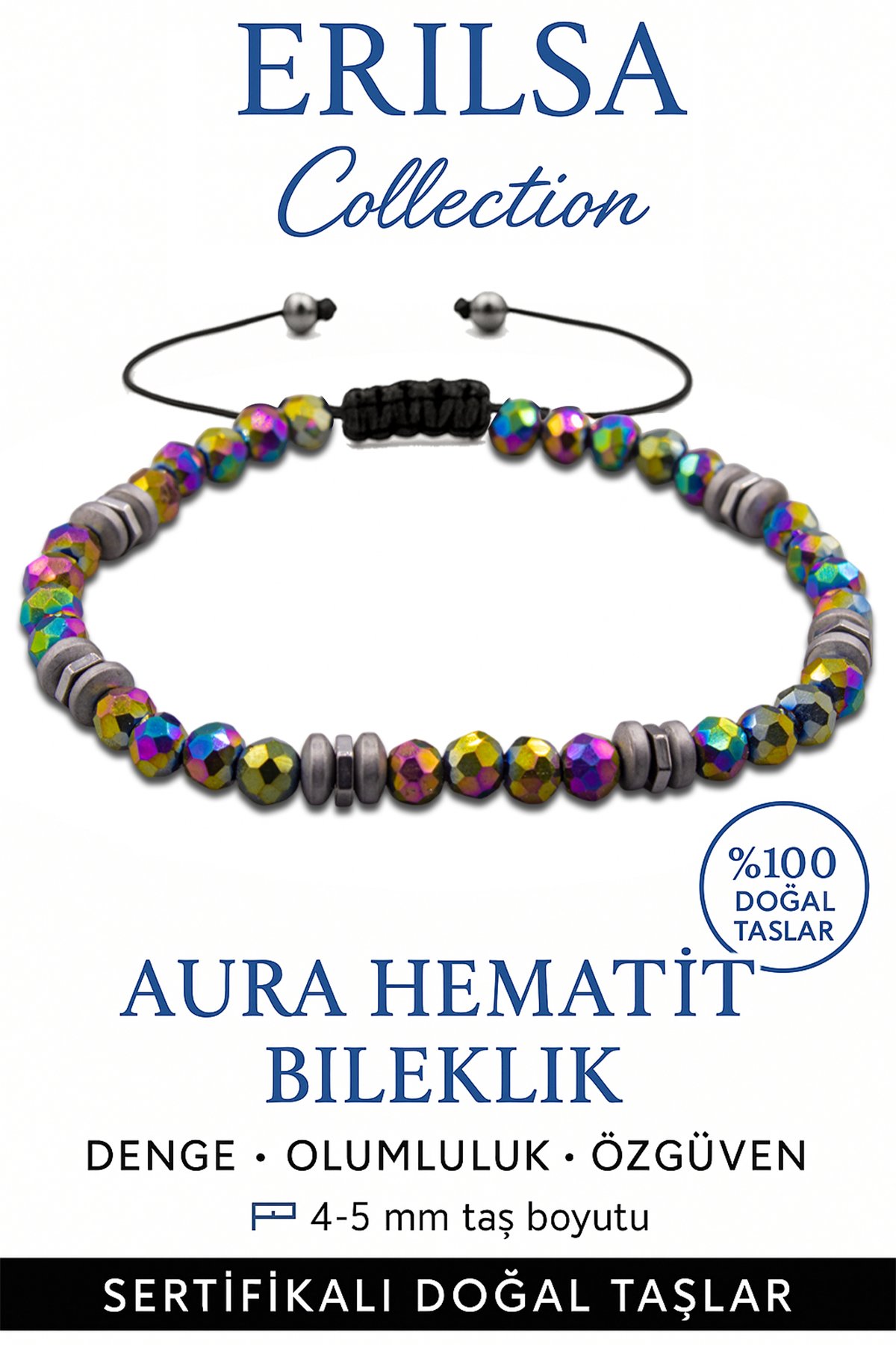 Sertifikalı Fasetli Terahertz – Aura Hematit Taşı Bileklik (İnce Model) – Koruma, Odak ve Enerji Kalkanı Taşı