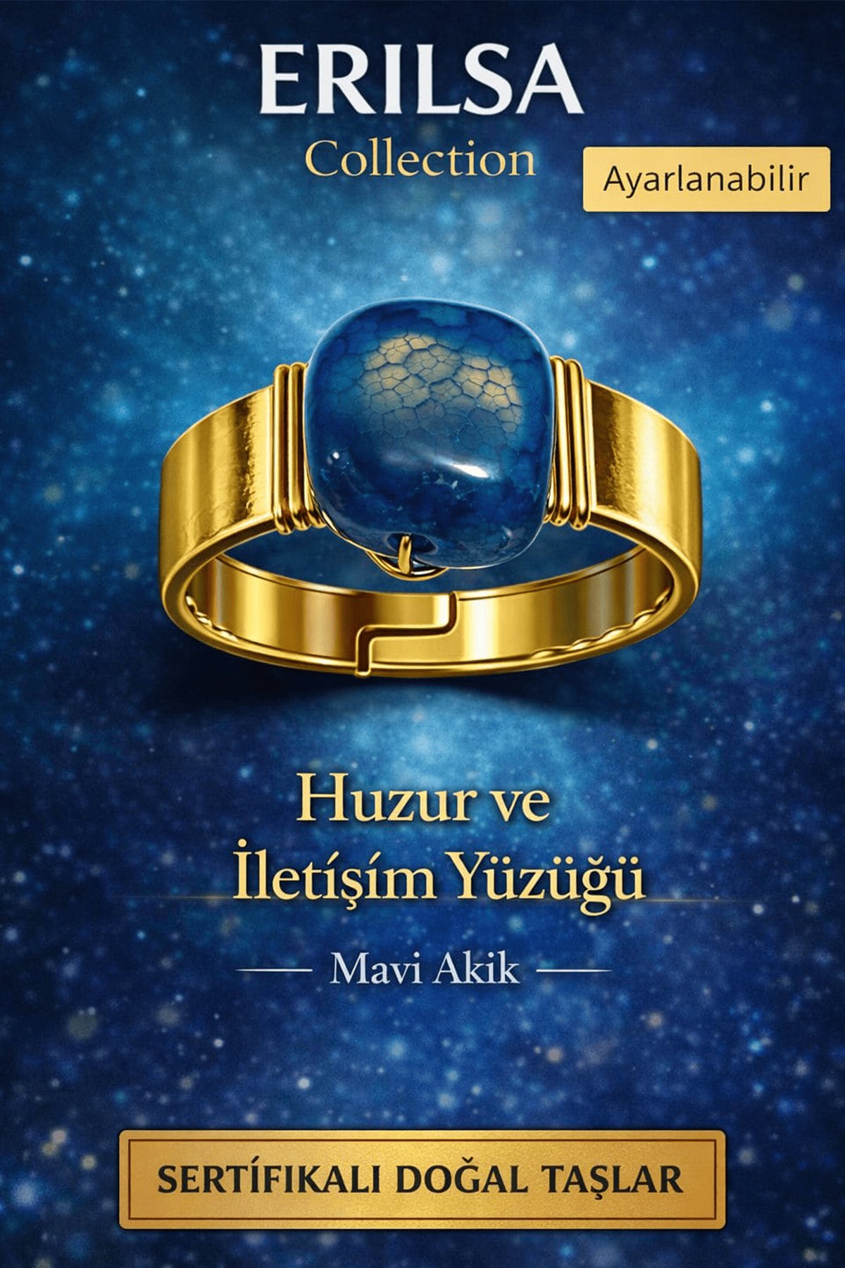 Sertifikalı Huzur ve İletişim Yüzüğü Mavi Akik Doğal Taş Yüzük Ayarlanabilir El Yapımı