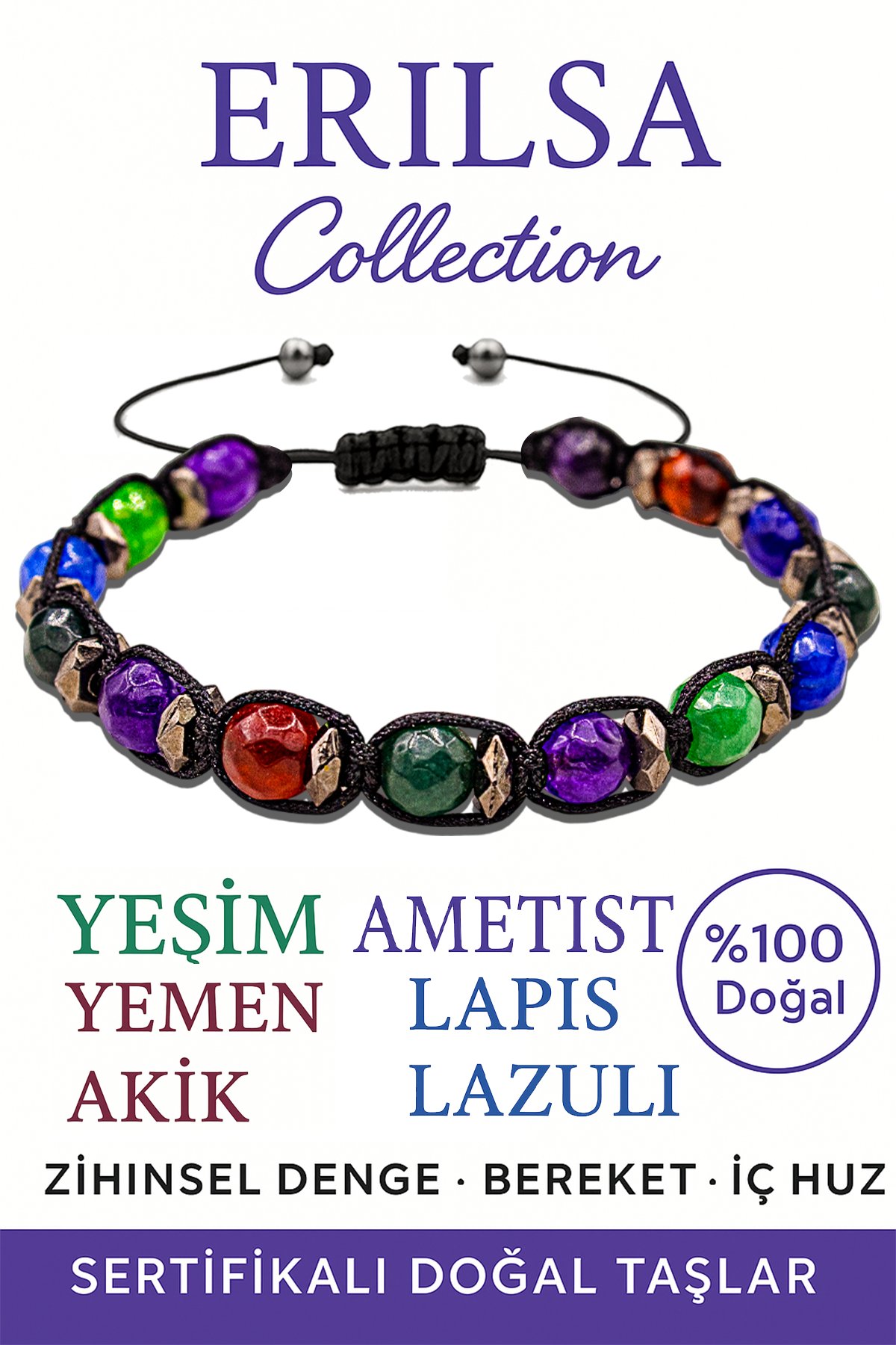 Sertifikalı Fasetli Terahertz &amp; Yeşim, Ametist, Yemen Akik, Lapis Lazuli Bileklik – Enerji