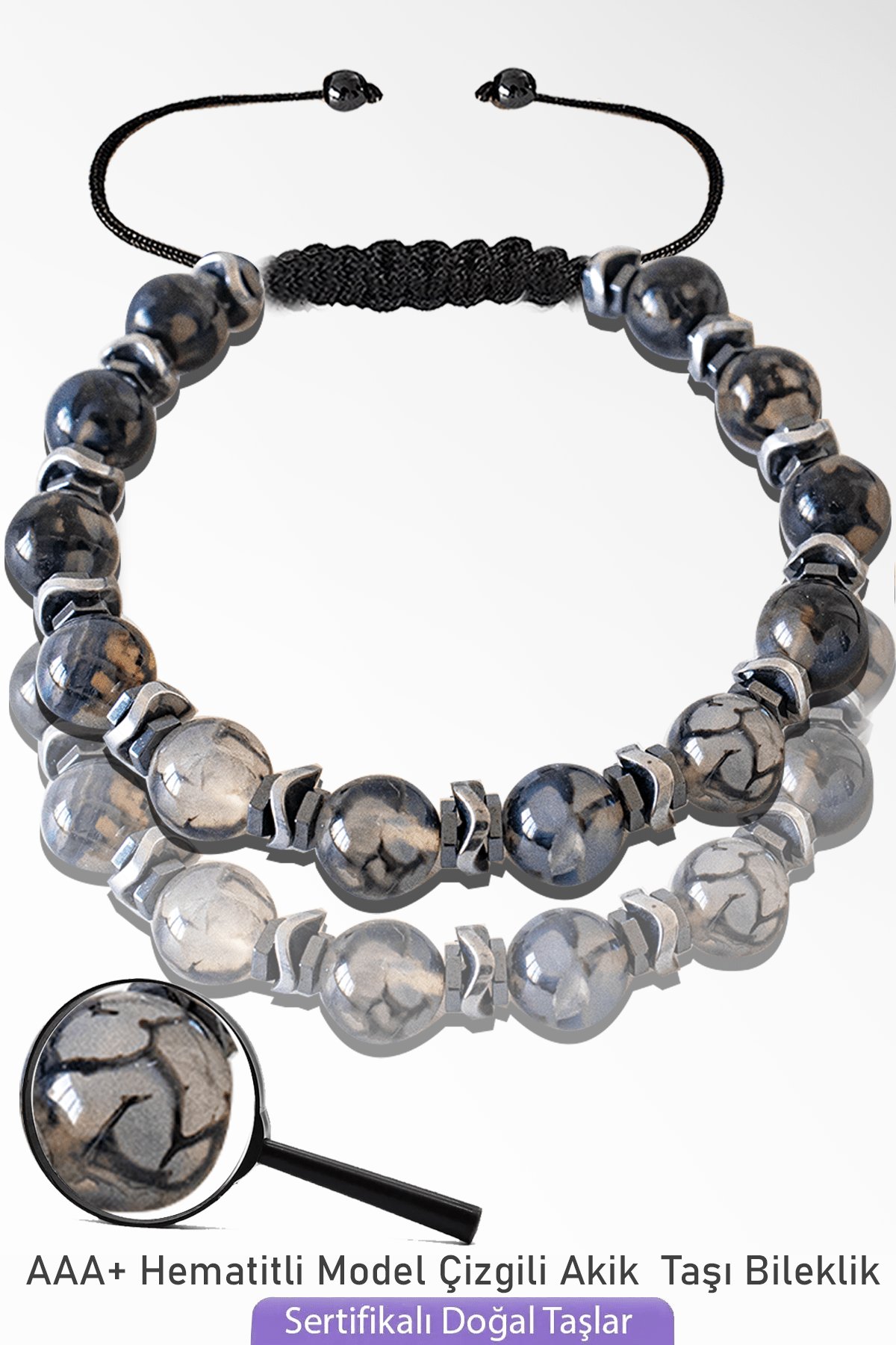 Sertifikalı Silver Hematitli Çizglili Akik Taşı Bileklik - Ayarlamalı