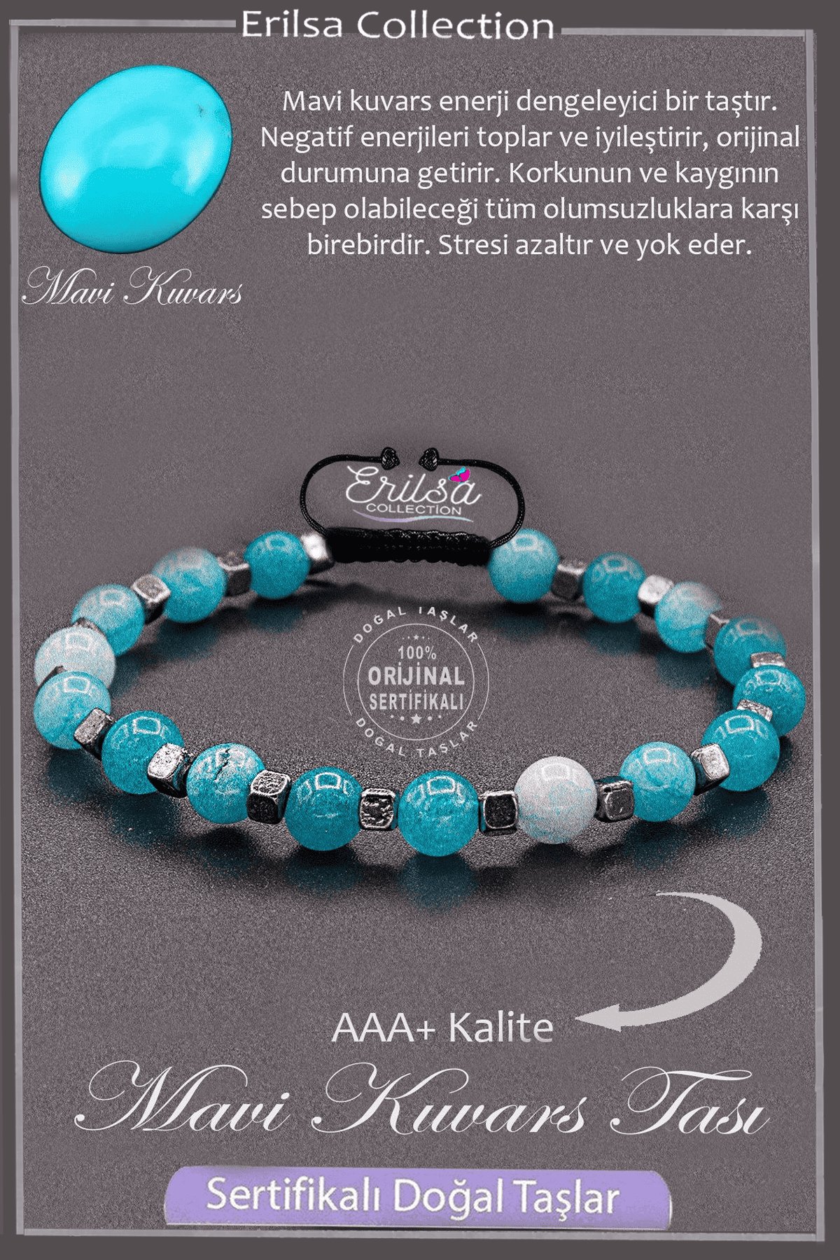 Sertifikalı AAA+ Kalite Gerçek Terahertz - Mavi Kuvars Taşı Bileklik