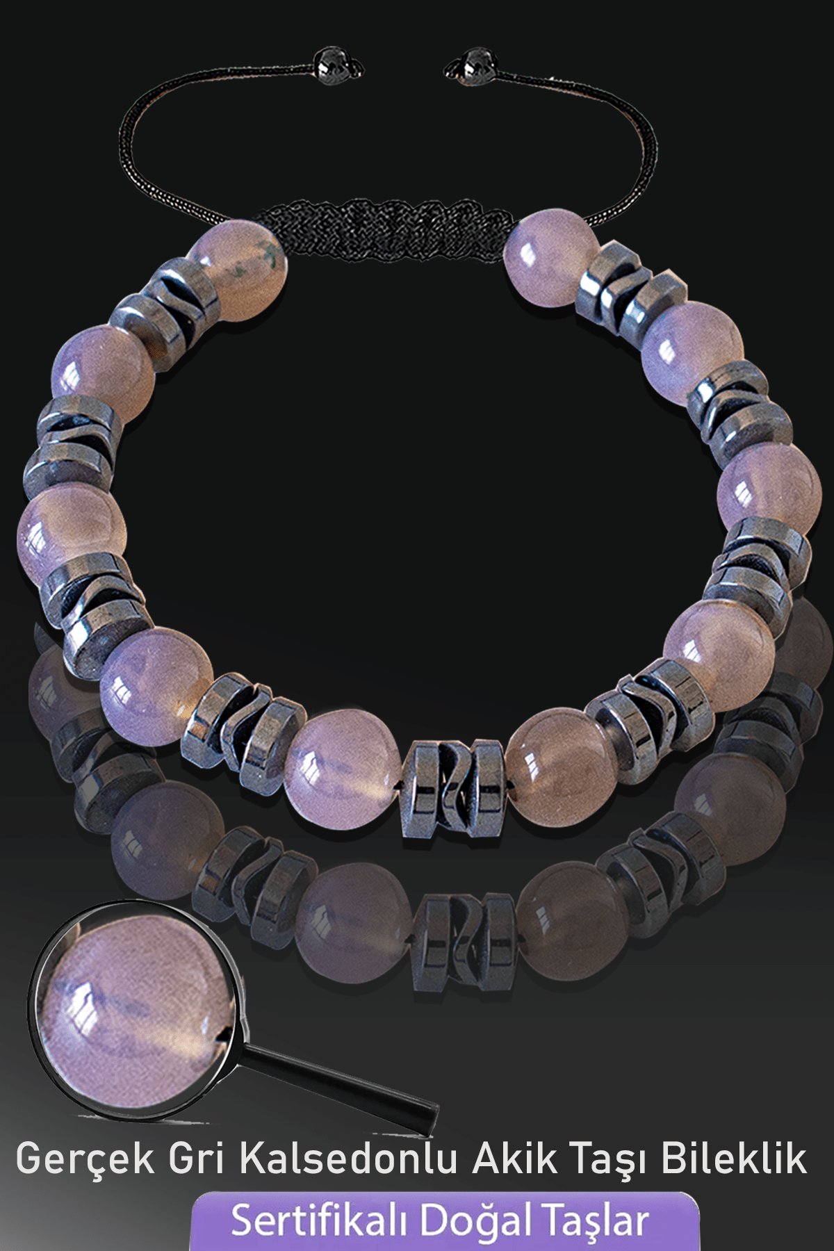 Sertifikalı Gri Kalsedonlu Akik Taşı Bileklik - Ayarlamalı