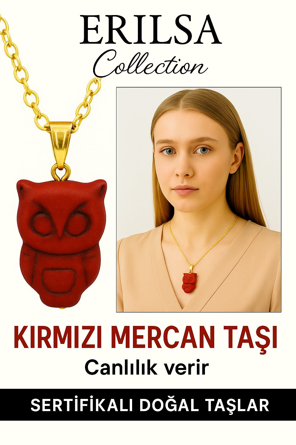 Sertifikalı Baykuş Model Kırmızı Mercan Kolye – Bilgelik, Enerji ve Cesaret Taşı